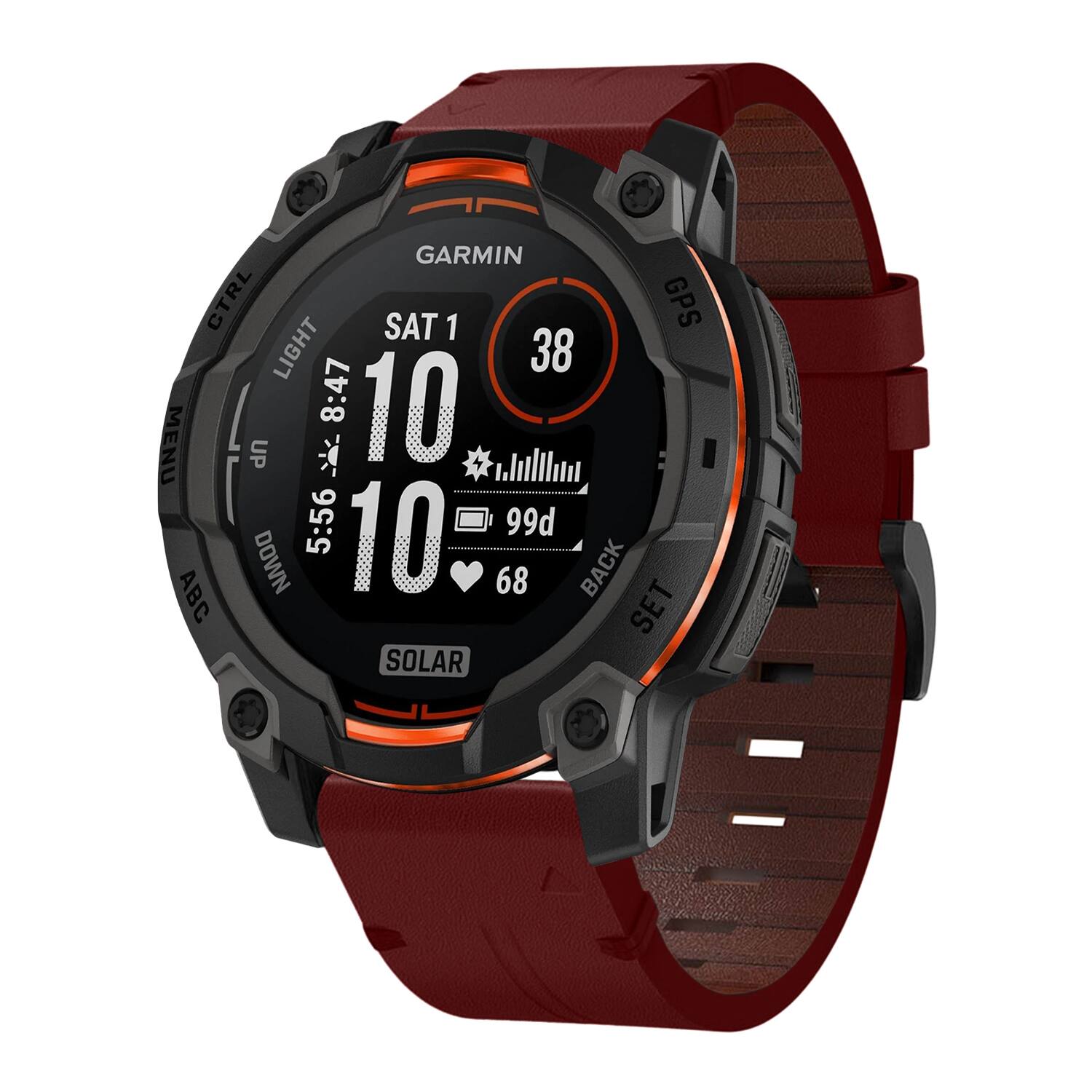 GARMIN CTRL SAT 1 GPS LIGHT 38 8:47 10 MENU UP * 5:56 10 99d ABC DOWN 68 BACK SET SOLAR