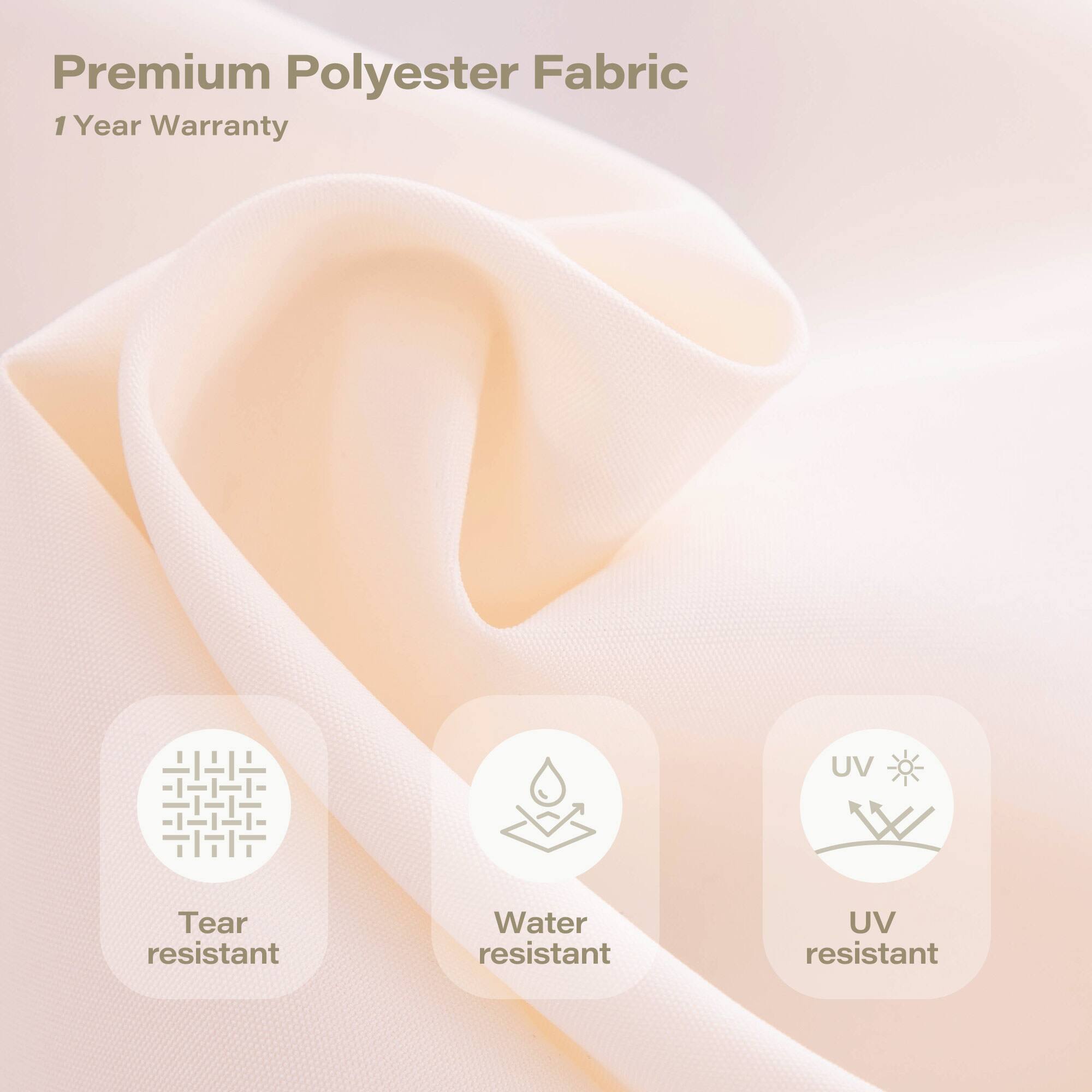 Premium Polyester Fabric  
1 Year Warranty  

- Tear resistant  
- Water resistant  
- UV resistant