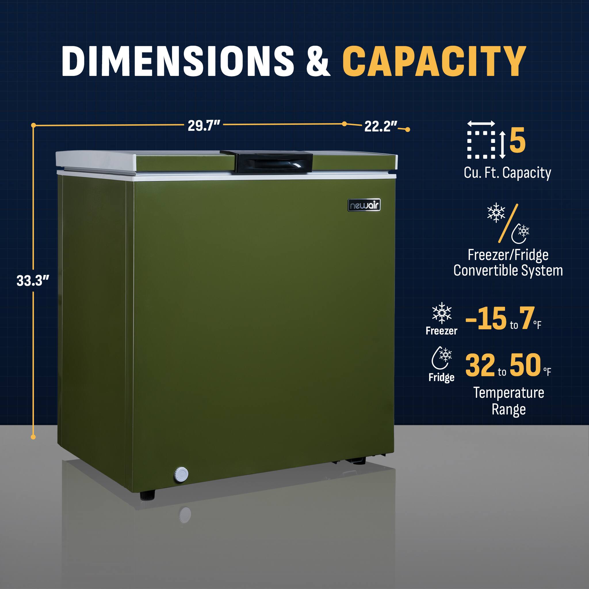 **DIMENSIONS & CAPACITY**

- **Dimensions:**
  - Height: 33.3"
  - Width: 29.7"
  - Depth: 22.2"

- **Capacity:**
  - 5 Cu. Ft. Capacity

- **Features:**
  - Freezer/Fridge Convertible System

- **Temperature Range:**
  - Freezer: -15 to 7°F
  - Fridge: 32 to 50°F