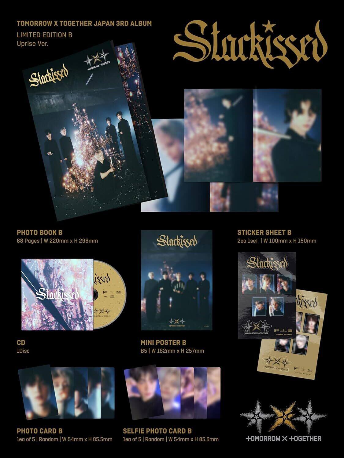 TOMORROW X TOGETHER JAPAN 3RD ALBUM LIMITED EDITION B Uprise Ver.

Stackissed

PHOTO BOOK B
68 Pages | W 220mm x H 298mm

STICKER SHEET B
2ea 1set | W 100mm x H 150mm

CD
1Disc

MINI POSTER B
B5 | W 182mm x H 257mm

PHOTO CARD B
lea of 5 | Random | W 54mm x H 85.5mm

SELFIE PHOTO CARD B
lea of 5 | Random | W 54mm x H 85.5mm

+OMORROW X +OGETHER