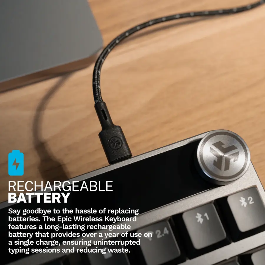 Say goodbye to the hassle of replacing batteries. The Epic Wireless Keyboard features a long-lasting rechargeable battery that provides over a year of use on a single charge, ensuring uninterrupted typing sessions and reducing waste.