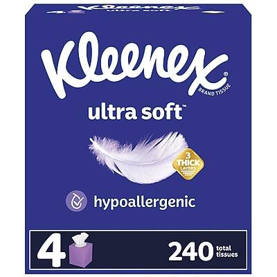 Kleenex  
ultra soft  
BRAND TISSUE  

3 THICK LAYERS  

hypoallergenic  

4 total  
240 tissues