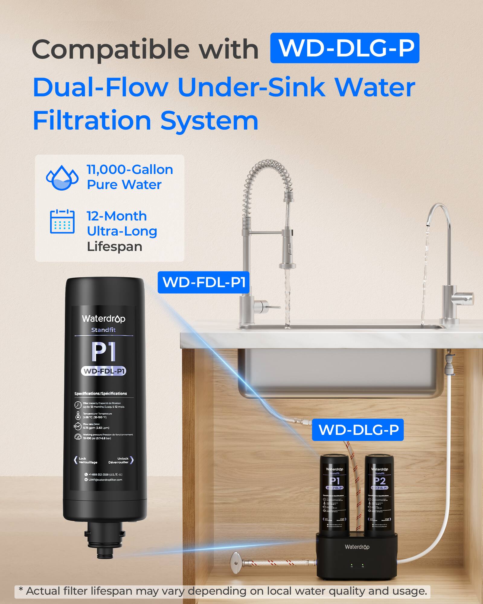 Compatible with WD-DLG-P Dual-Flow Under-Sink Water Filtration System

- 11,000-Gallon Pure Water
- 12-Month Ultra-Long Lifespan

WD-FDL-P1 Waterdrop Standfit P1

Specifications:
- Voltage: 120V
- Temperature: 32°F to 122°F (0°C to 50°C)
- Flow Rate: 0.5 GPM (1.9 L/min)
- Dimensions: 10.24" x 2.76" x 2.76" (26 cm x 7 cm x 7 cm)
- Weight: 1.76 lbs (0.8 kg)

*Actual filter lifespan may vary depending on local water quality and usage.