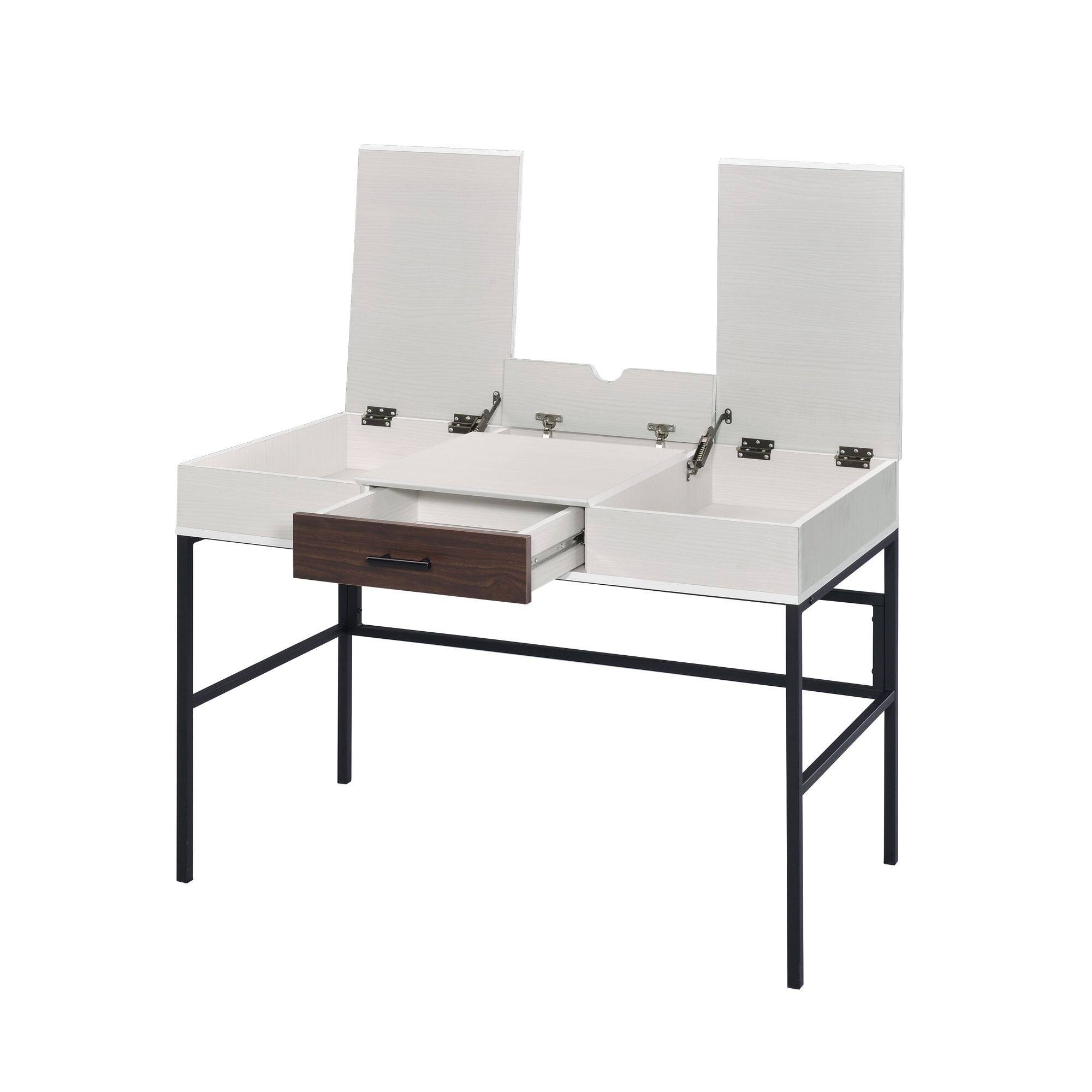Left. GOODSILO - Modern Writing Desk with USB Charging Port and Storage Drawer for Home Office Workspace - Black+Natural.