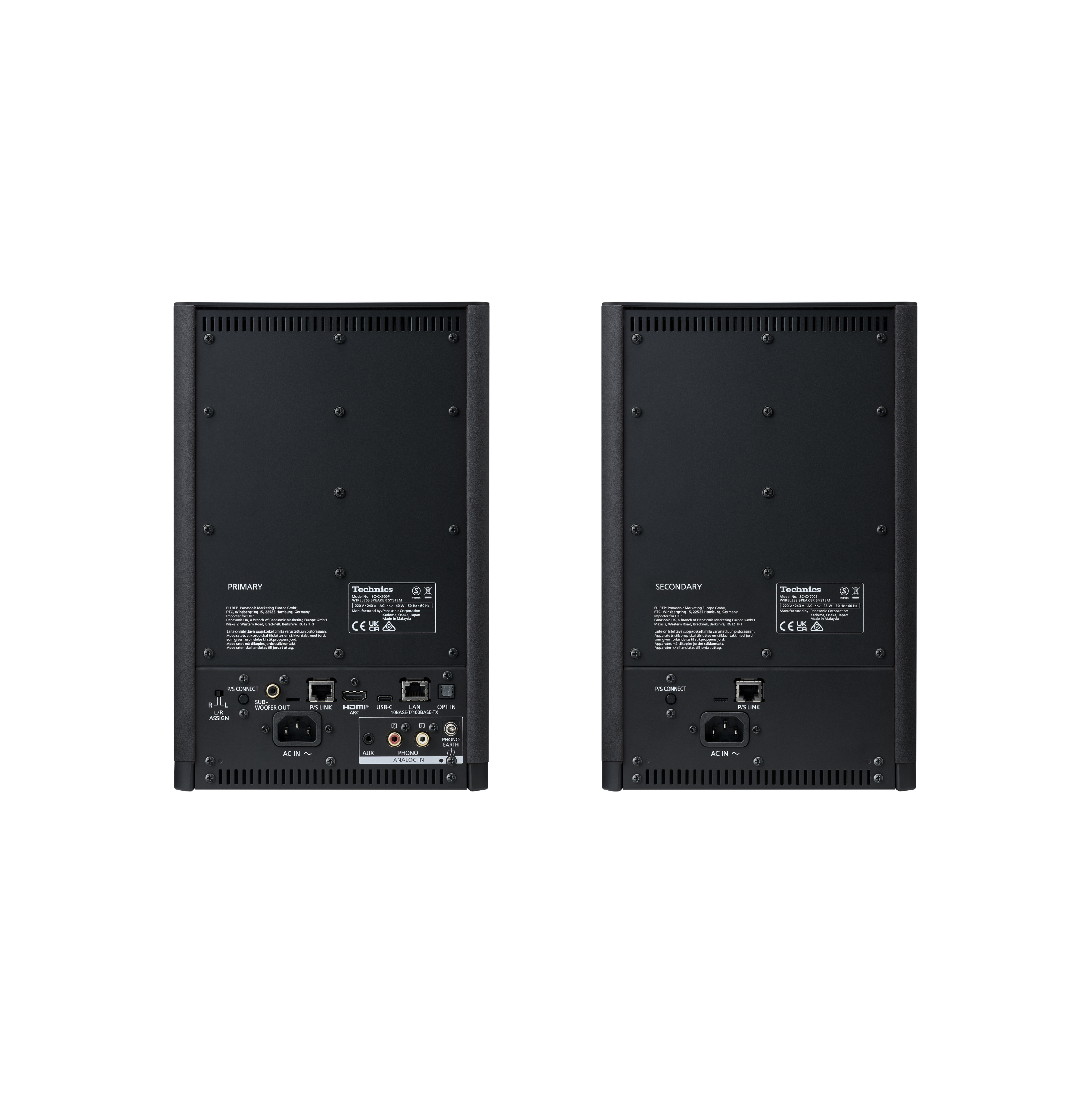 The image shows two computer towers, each with a sticker on the back. The stickers have the text "CE" and "CE" on them, indicating that they are certified for use. The towers are placed next to each other, with one slightly larger than the other.