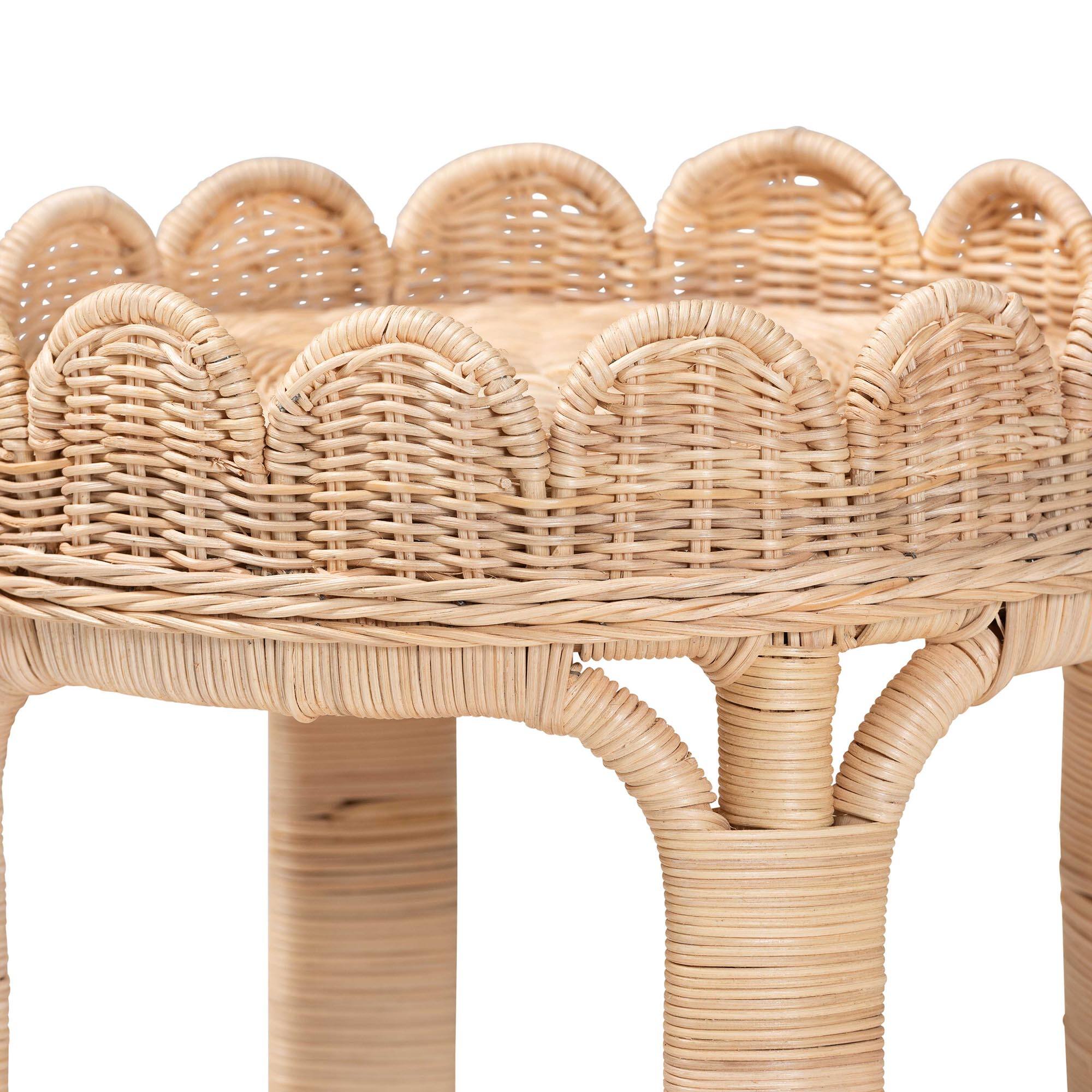 Left. bali & pari - bali & pari Latoya Natural Rattan End Table - Handwoven Wicker 2-Tier Side Table with Scalloped Border - Natural Brown.