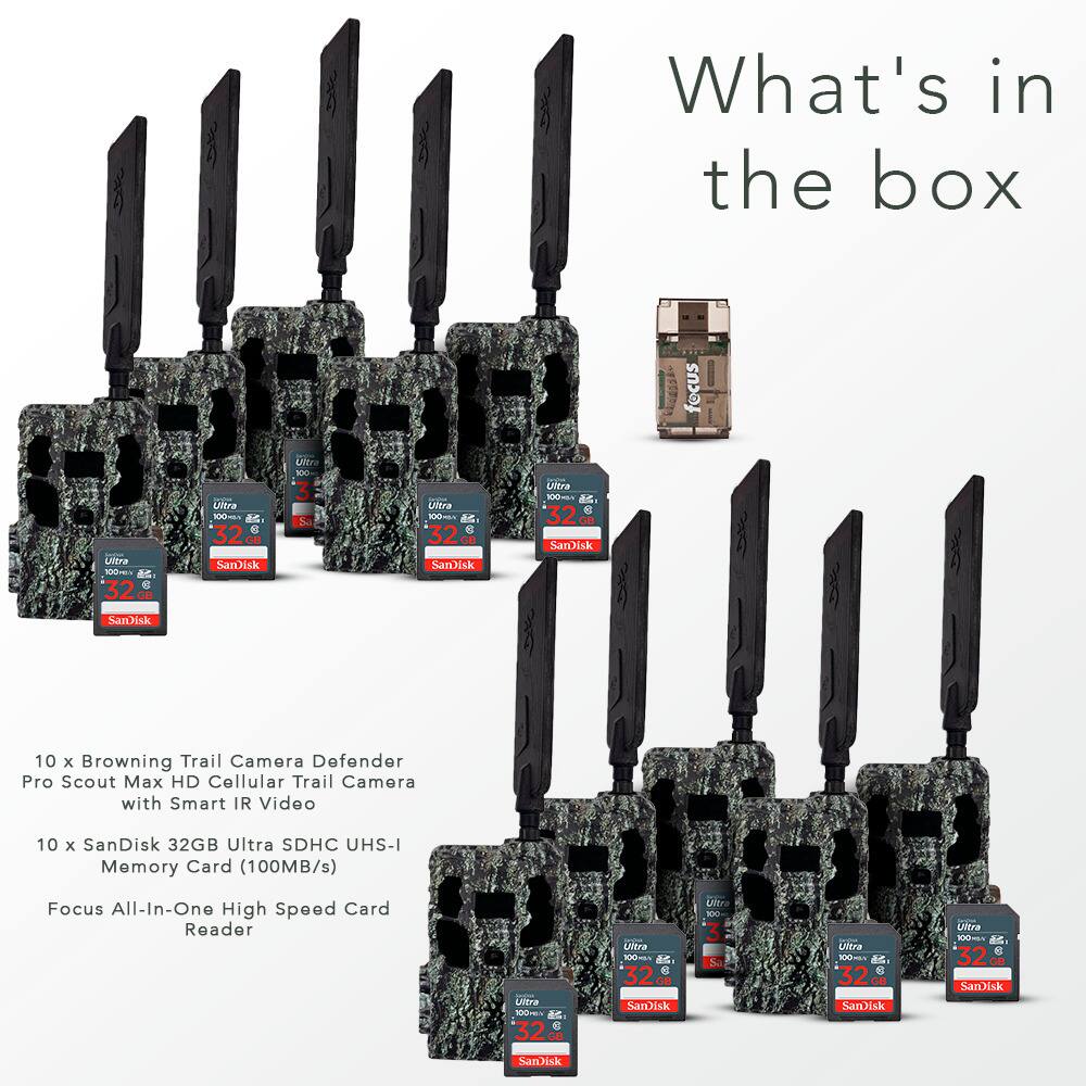 The text in the image is:

"What's in the box

10 x Browning Trail Camera Defender Pro Scout Max HD Cellular Trail Camera with Smart IR Video
10 x SanDisk 32GB Ultra SDHC UHS-I Memory Card (100MB/s)
Focus All-In-One High Speed Card Reader"

The text in the image is:

"What's in the box

10 x Browning Trail Camera Defender Pro Scout Max HD Cellular Trail Camera with Smart IR Video
10 x SanDisk 32GB Ultra SDHC UHS-I Memory Card (100MB/s)
Focus All-In-One High Speed Card Reader"