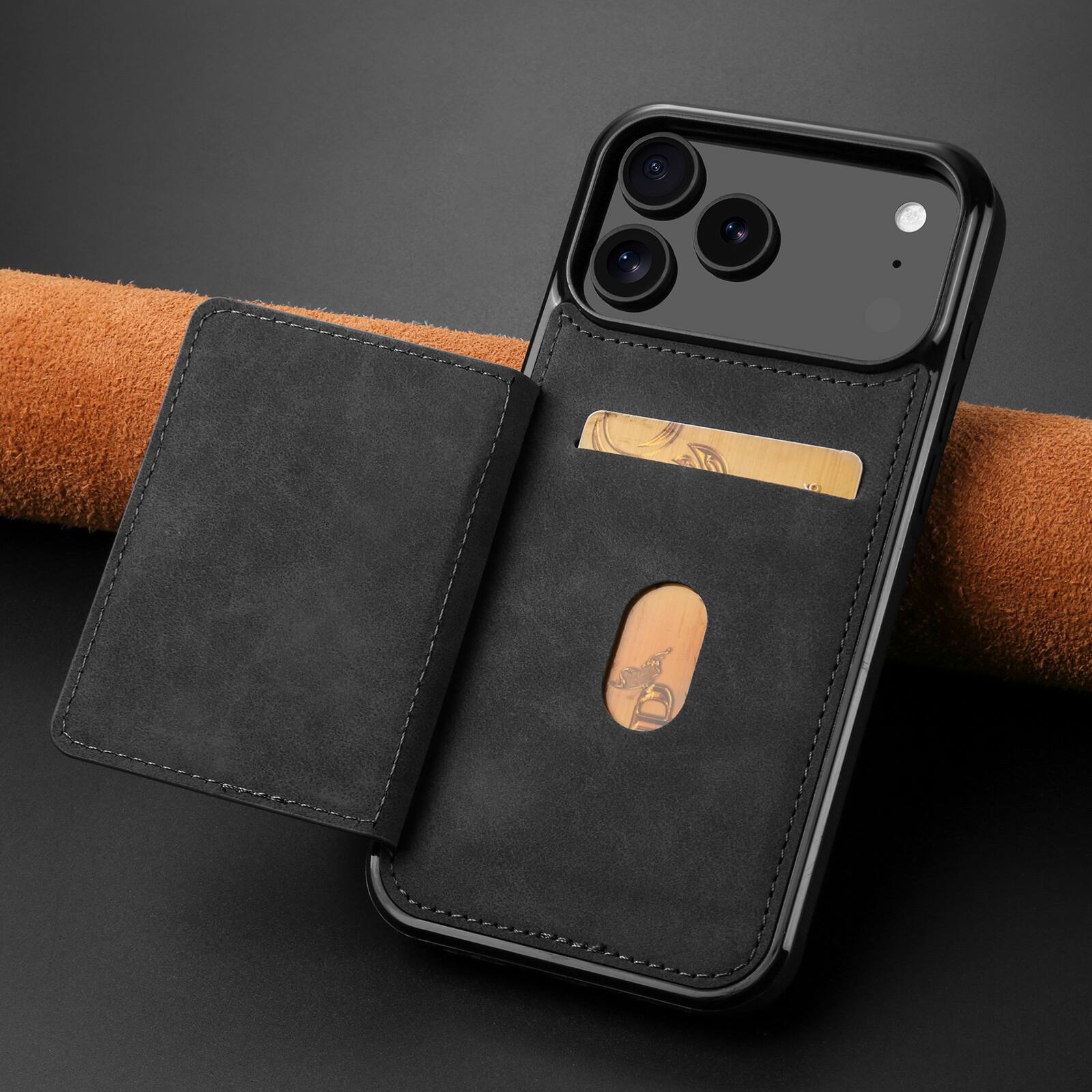 Angle. Dteck - Dteck RFID Blocking Back Wallet Case for iPhone 17 Pro Max, Shockproof PU Leather Kickstand Rugged Cover - Black.