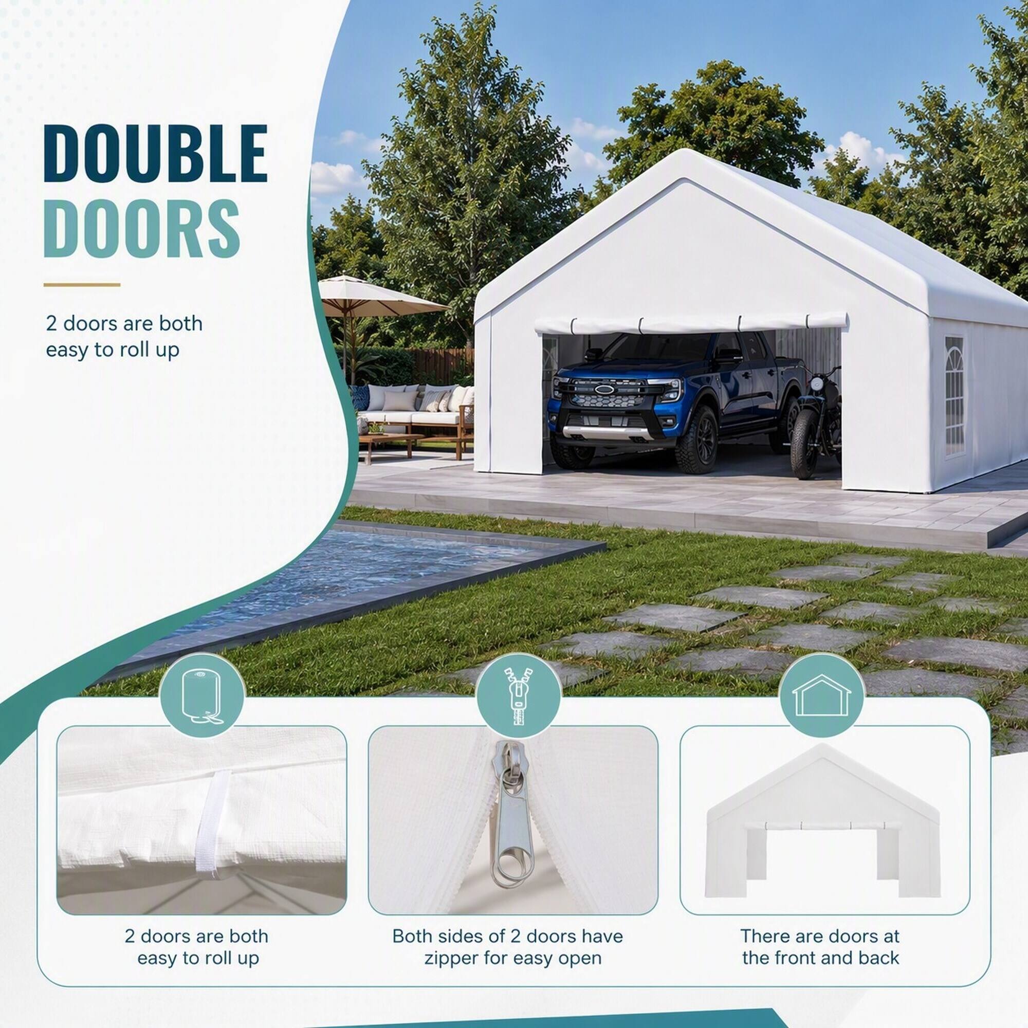 DOUBLE DOORS

2 doors are both easy to roll up

Both sides of 2 doors have zipper for easy open

There are doors at the front and back