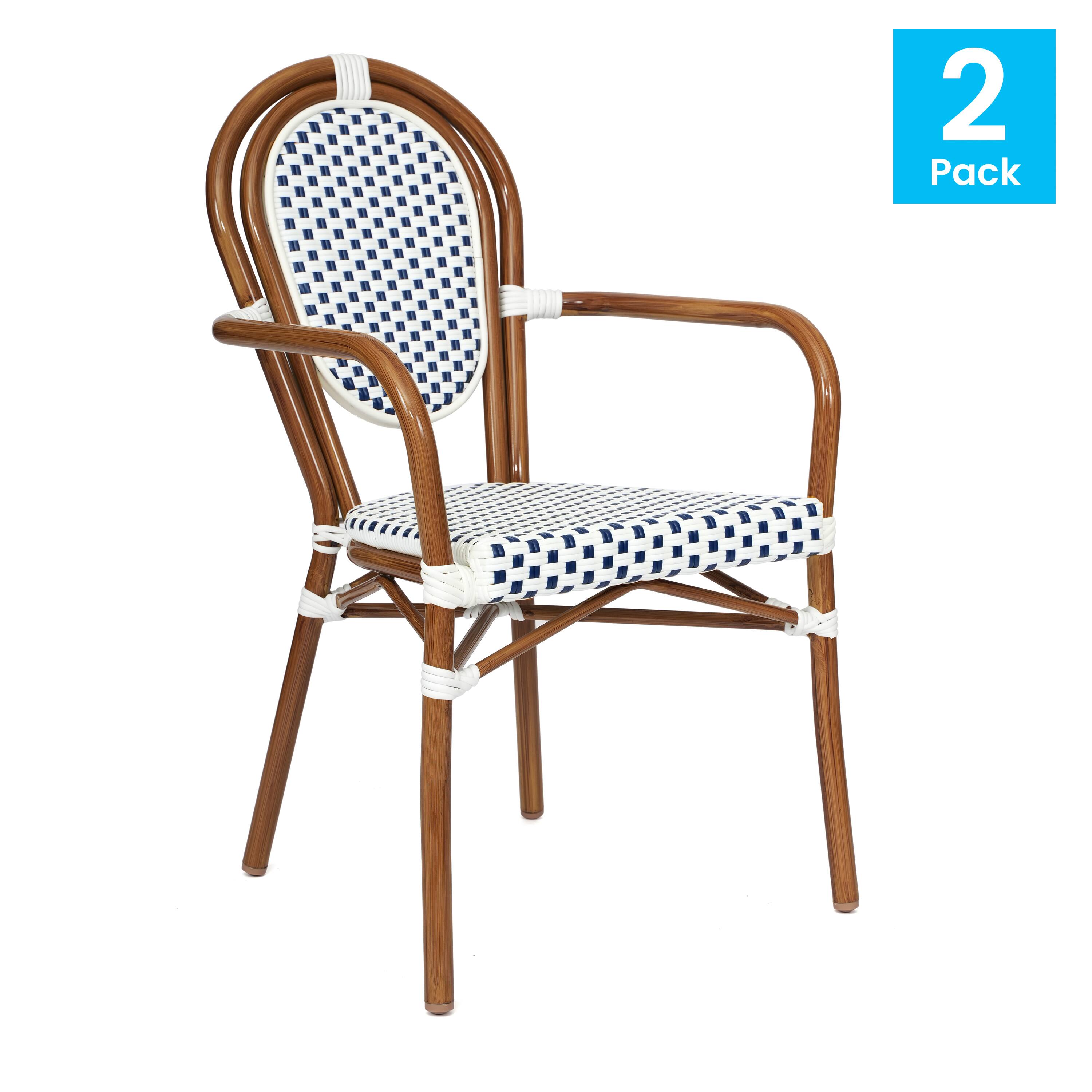 Alt View 1. Emma + Oliver - Colmar Set of Two Indoor/Outdoor Stacking Thonet Bistro Style Chairs with Arms, PE Rattan Seat and Metal Frame - White & Navy/Natural Frame.