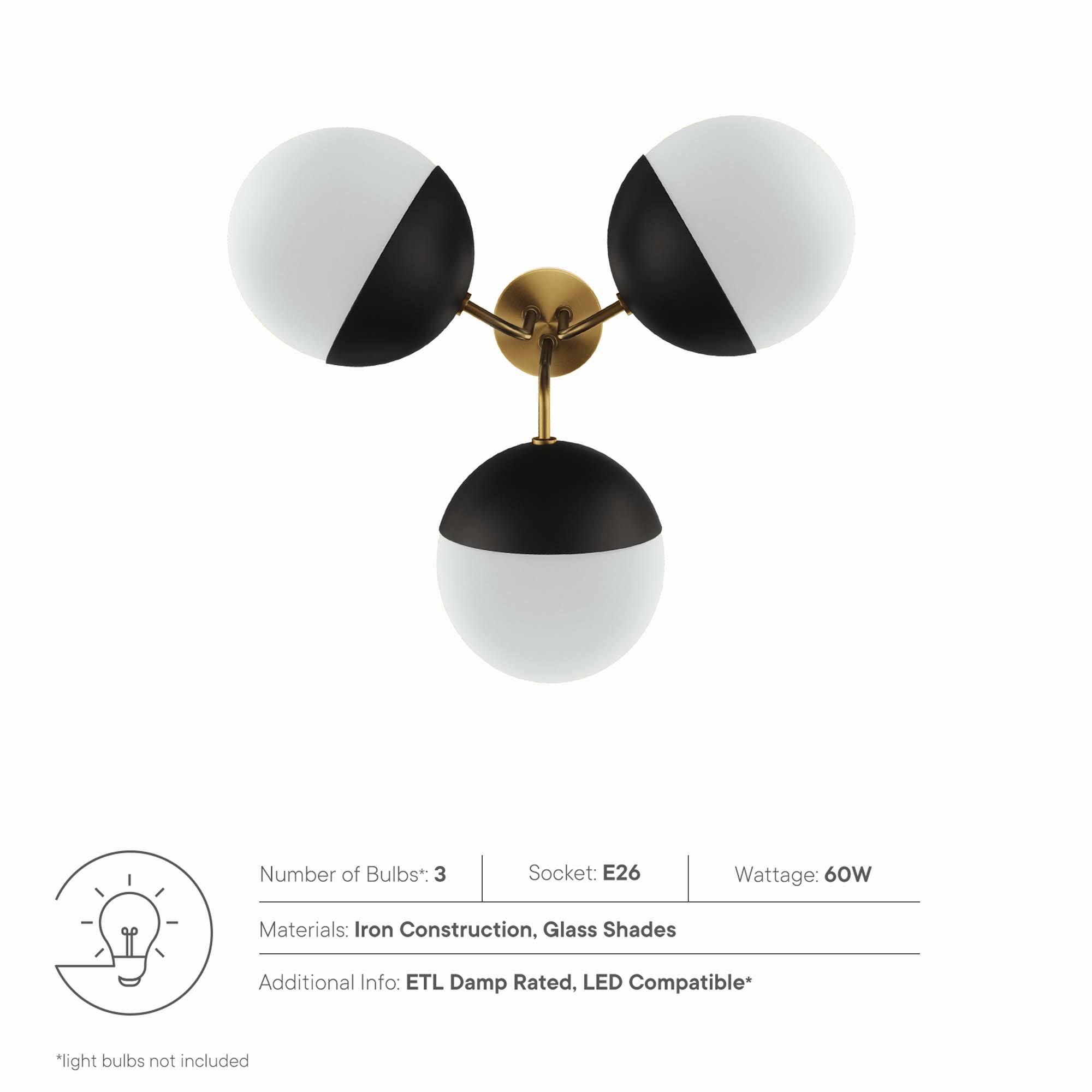 Number of Bulbs*: 3  
Socket: E26  
Wattage: 60W  
Materials: Iron Construction, Glass Shades  
Additional Info: ETL Damp Rated, LED Compatible*  

*light bulbs not included