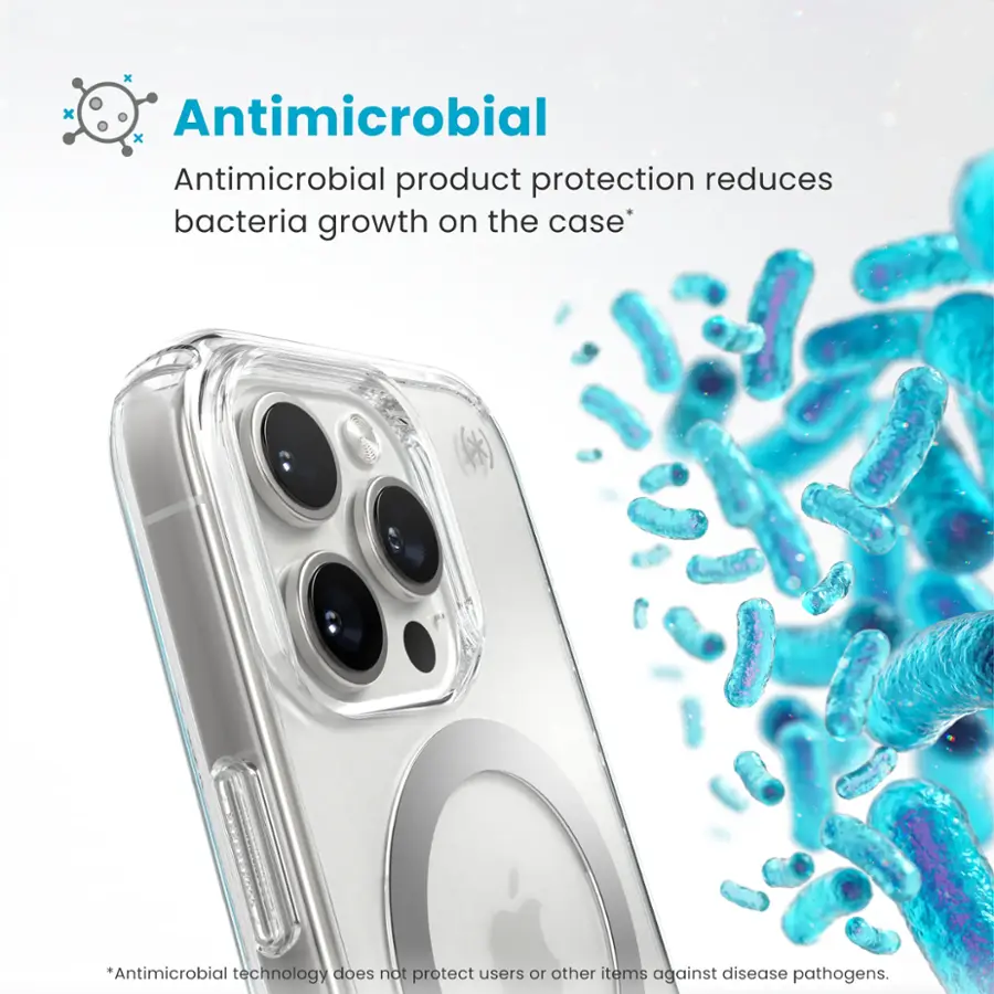 Antimicrobial product protection reduces bacteria growth on the case. Antimicrobial technology does not protect users or other items against disease pathogens.