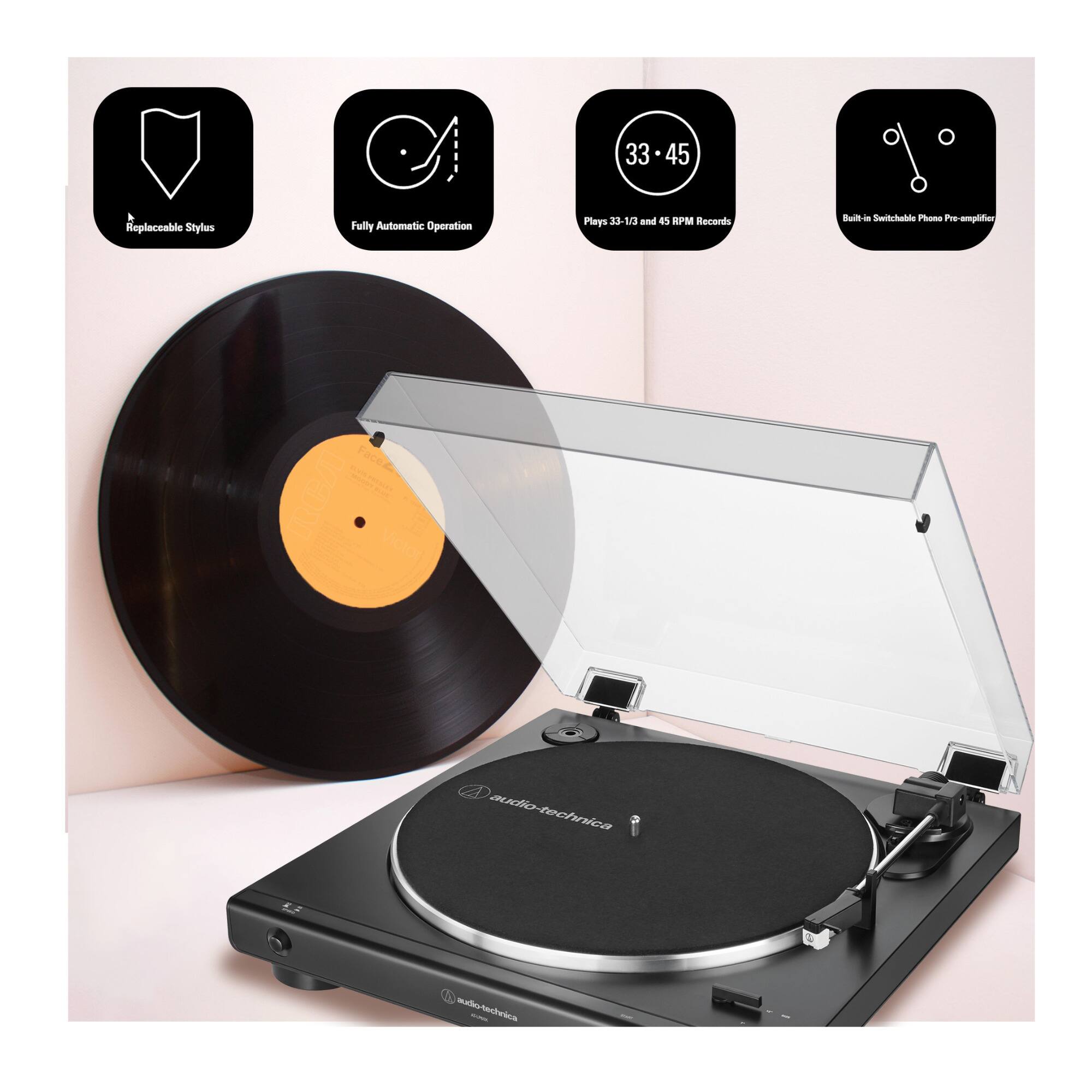 - Replaceable Stylus
- Fully Automatic Operation
- Plays 33-1/3 and 45 RPM Records
- Built-in Switchable Phone Pre-amplifier