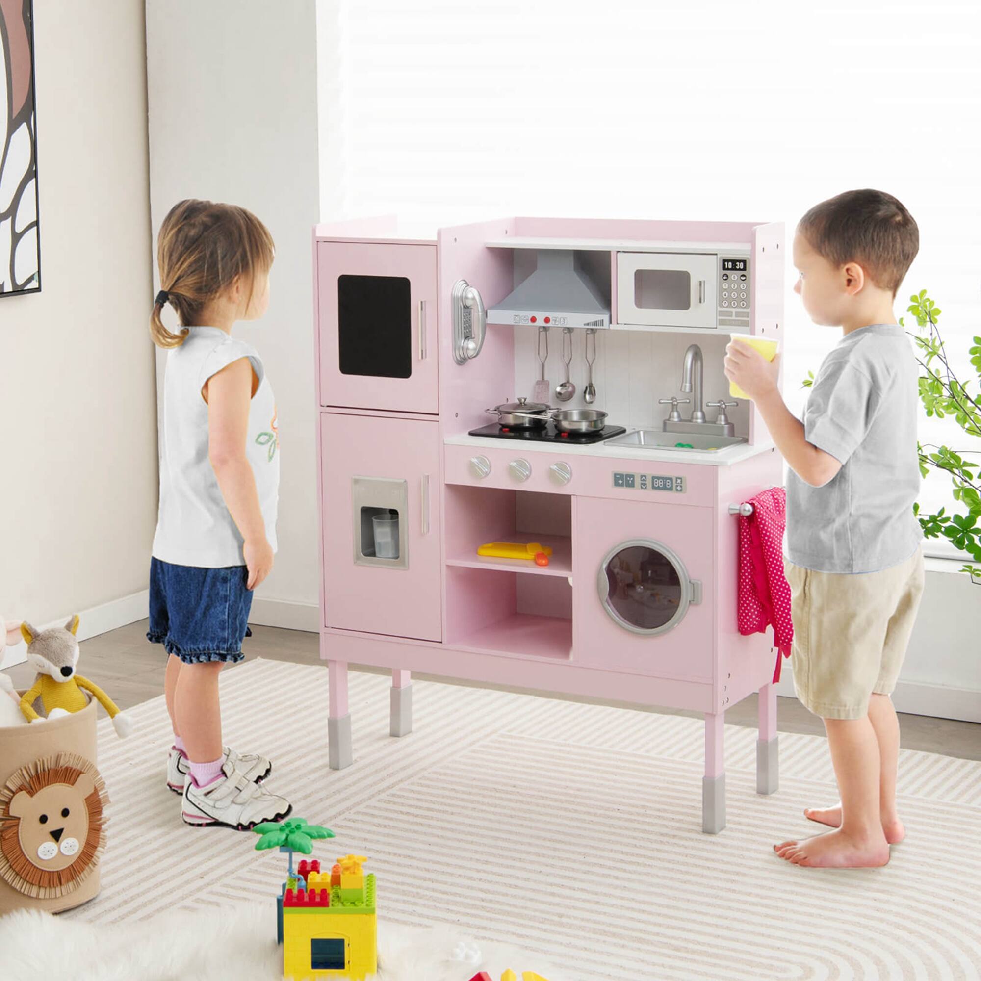 Alt View 1. Costway - Costway Kids Pretend Kitchen Play Set Toddler Toy Wooden Chef Height Adjustable with Sounds - Pink.