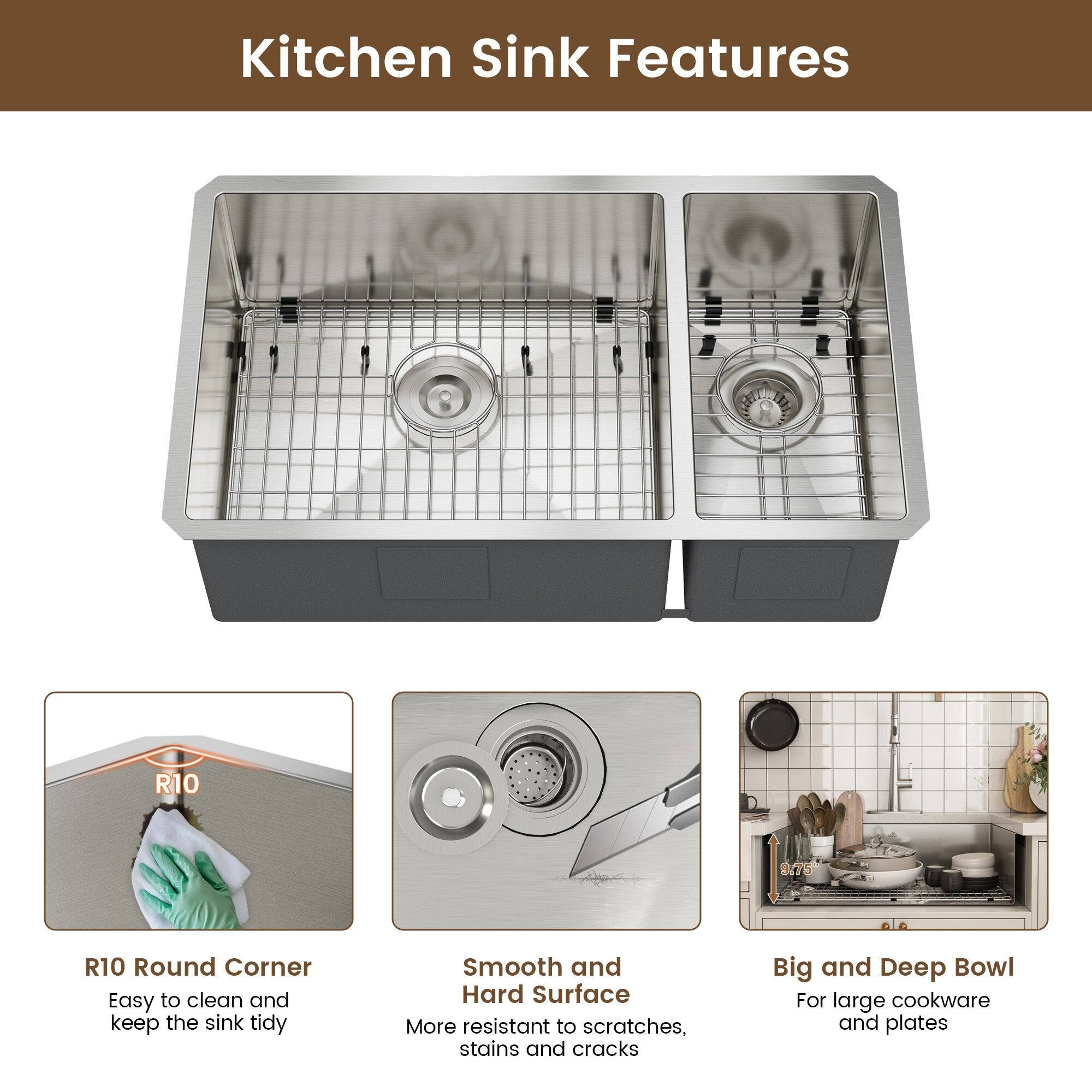 Kitchen Sink Features

R10 Round Corner
Easy to clean and keep the sink tidy

Smooth and Hard Surface
More resistant to scratches, stains and cracks

Big and Deep Bowl
For large cookware and plates