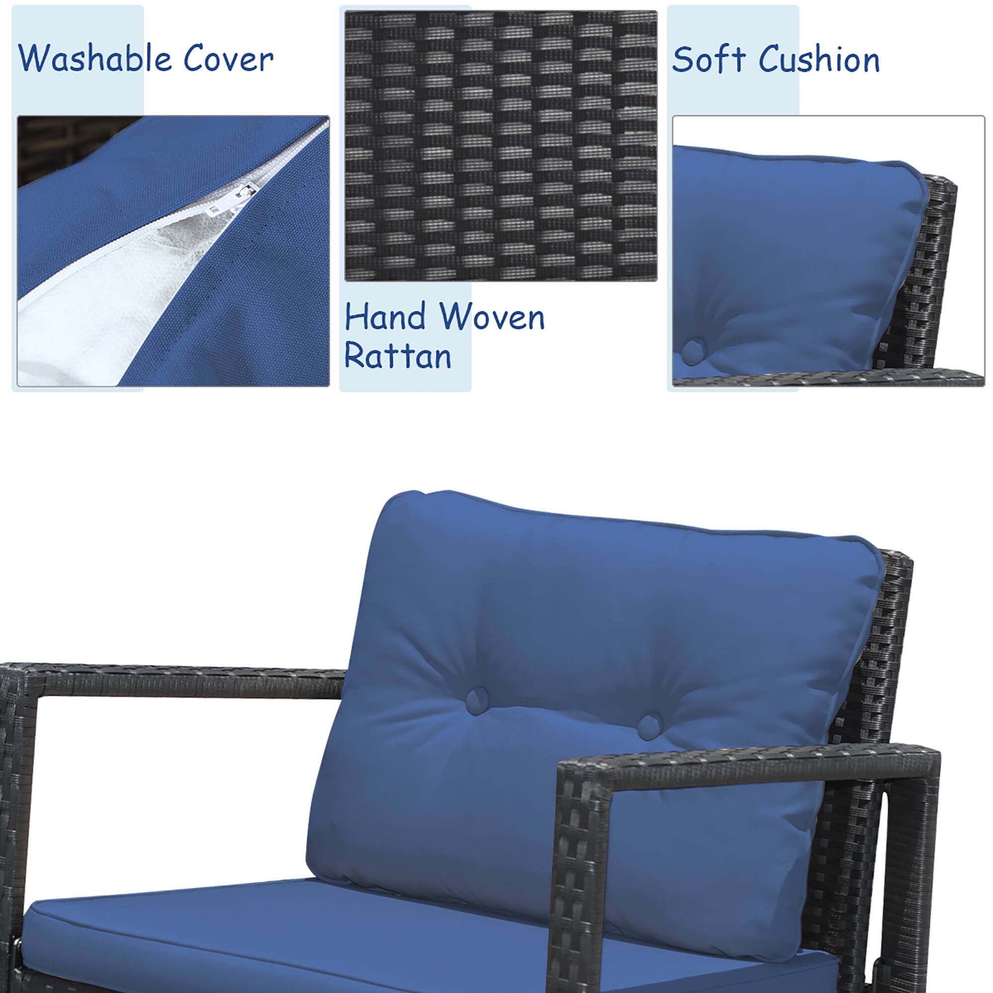 The text on the image is grouped as follows:

1. Washable Cover: This refers to the blue cover that can be removed and washed for cleaning purposes.
2. Soft Cushion: This refers to the blue cushion that provides a comfortable seating area for the chair.
3. Hand Woven Rattan: This refers to the woven material used for the chair's frame, which gives it a unique and natural appearance.
