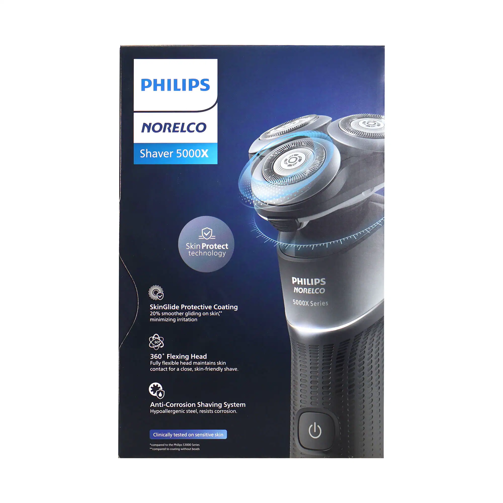 PHILIPS NORELCO Shaver 5000X  
Skin Protect technology  
SkinGlide Protective Coating  
20% smoother gliding on skin, minimizing irritation  

PHILIPS NORELCO 5000X Series  
360° Flexing Head  
Fully flexible head maintains skin contact for a close, skin-friendly shave.  

Anti-Corrosion Shaving System  
Hypoallergenic steel, resists corrosion.  

Clinically tested on sensitive skin