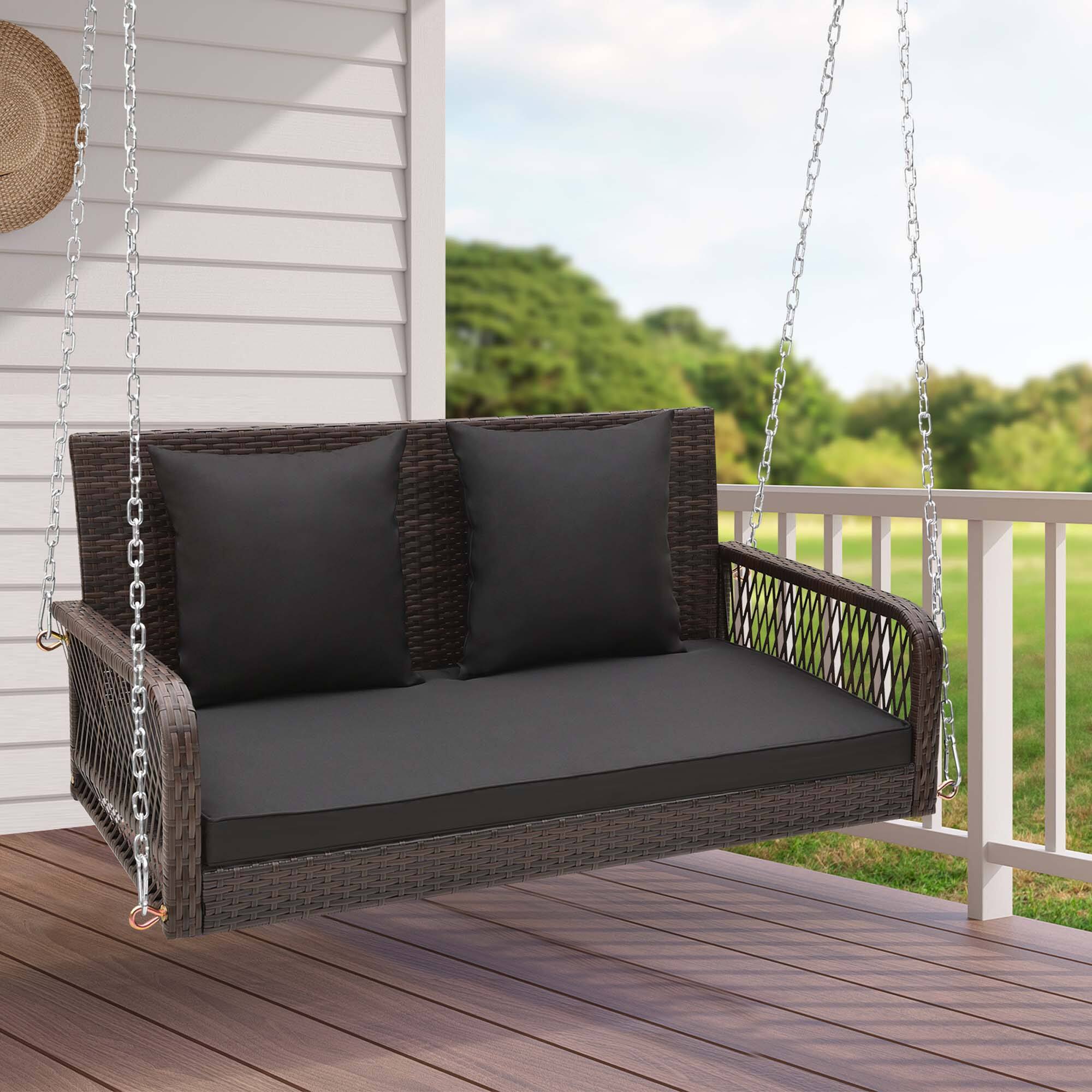 Alt View 2. Costway - Costway Patio Wicker Porch Swing 2-Person Hanging Loveseat Bench Chair with Cushions - Mix Brown,Black.