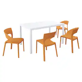 Mondawe - 5-Piece Outdoor Dining Set – 55 Inch Table with 4 PP Chairs, Lightweight PP Tabletop with Metal Frame - Orange+White