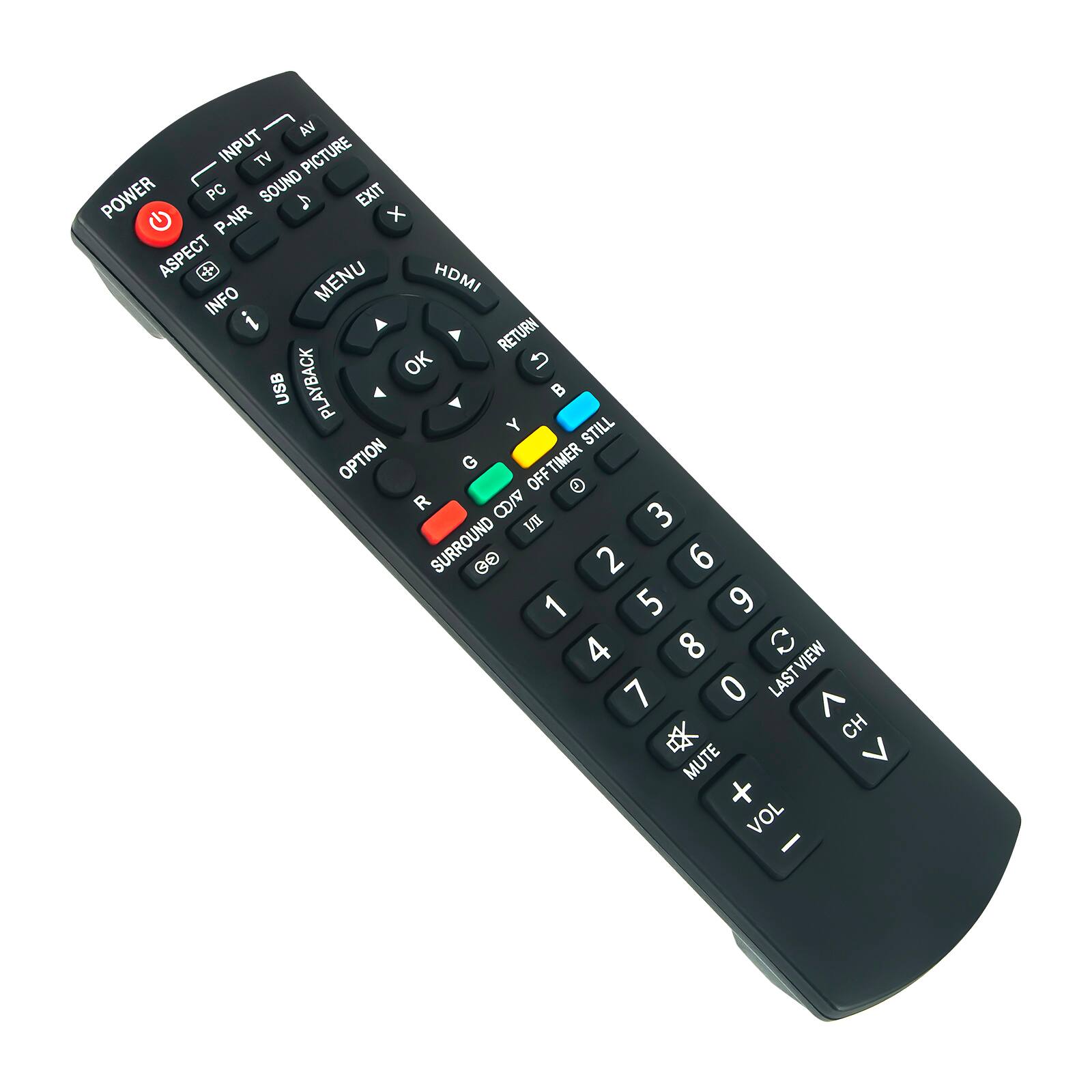 Sure, here is the corrected and grouped text from the image:

- **Top Row:**
  - POWER
  - ASPECT
  - INFO
  - MENU
  - RETURN
  - OK
  - EXIT
  - HDMI
  - USB
  - PLAYBACK
  - OPTION
  - G
  - R
  - D/V
  - I/II
  - 3
  - SURROUND
  - 2
  - 6
  - 1
  - 5
  - 9
  - 4
  - 8
  - C
  - VIEW
  - 7
  - 0
  - LAST
  - CH
  - MUTE
  - VOL

- **Left Side:**
  - INPUT
  - TV
  - PC
  - P-AR
  - SOUND
  - PICTURE
  - ASPECT
  - INFO
  - MENU
  - RETURN
  - OK
  - EXIT
  - HDMI
  - USB
  - PLAYBACK
  - OPTION
  - G
  - R
  - D/V
  - I/