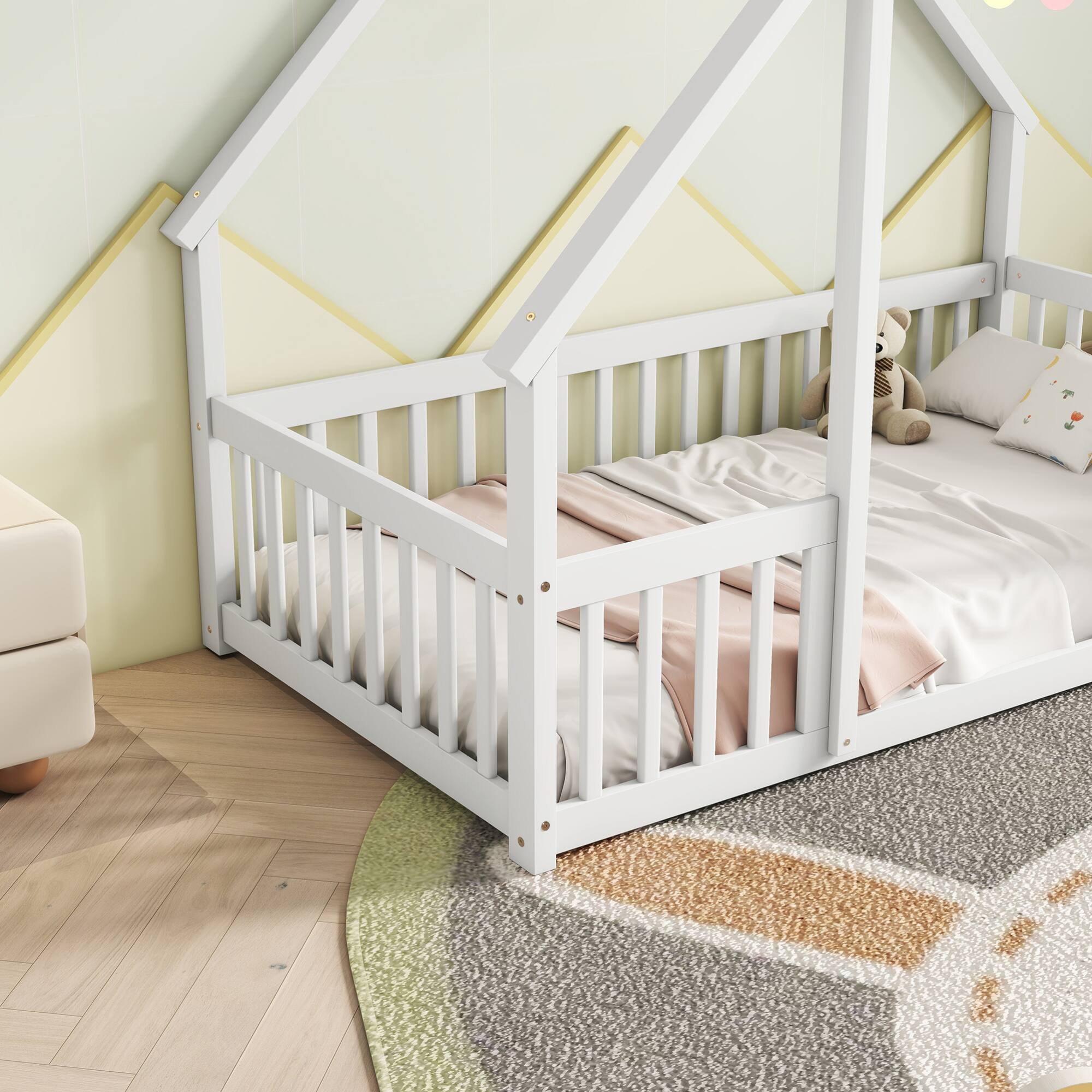 Alt View 6. GOODSILO - House-Shaped Twin Floor Bed with Safety Fence and Guardrails for Children's Playful Sleep Space - White.