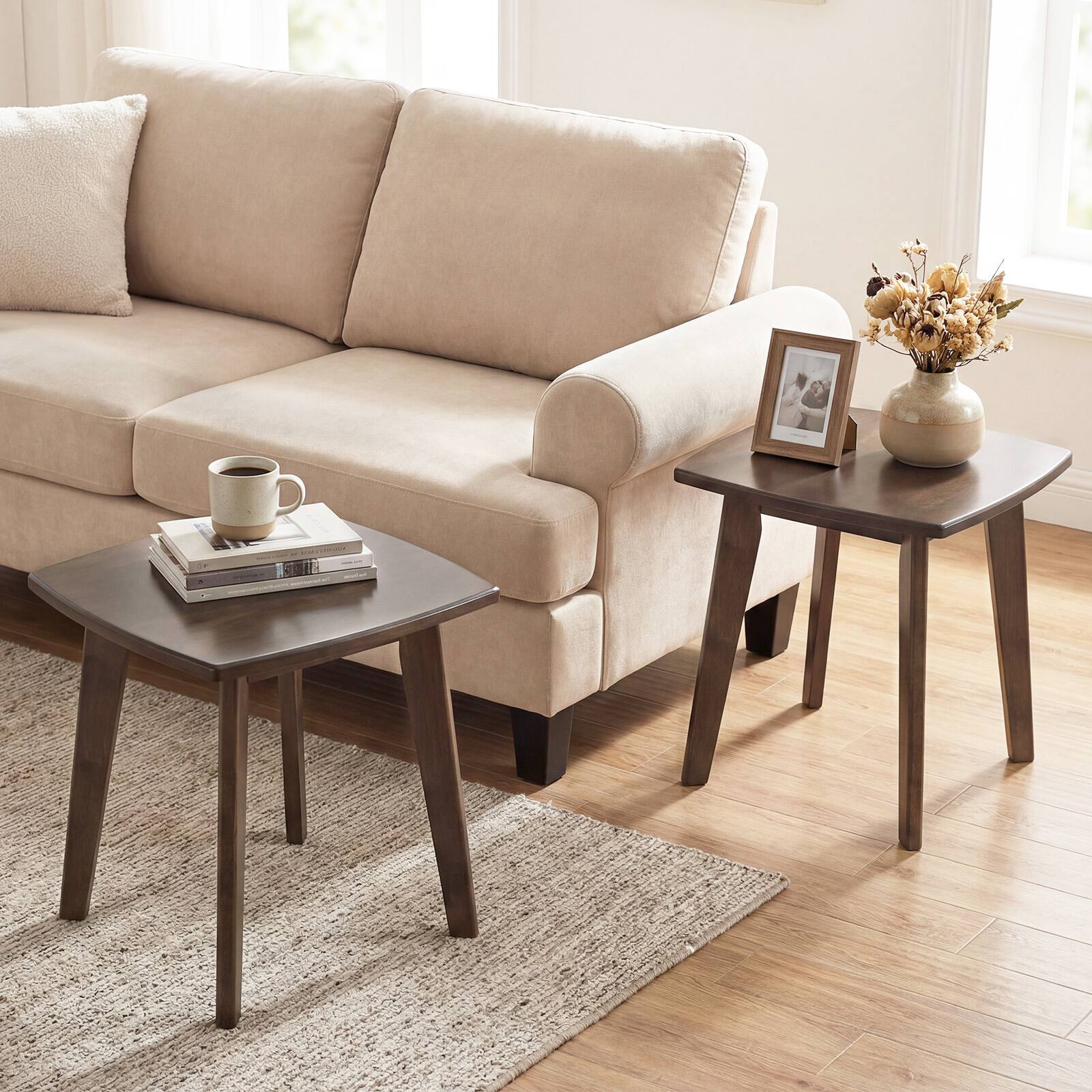 Alt View 1. Gymax - Gymax 2PCS Solid Wood Side Table w/Thickened Top & Curved Edge for Living Room Bedroom - Brown.