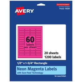 Avery - Printable Rectangle Labels, Neon Magenta, 0.5" x 1.75", 1,200ct - Pink