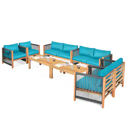 Front. Costway - Costway 8PCS Wooden Patio Furniture Set Cushioned Sofa W/Rope Armrest - Turquoise.