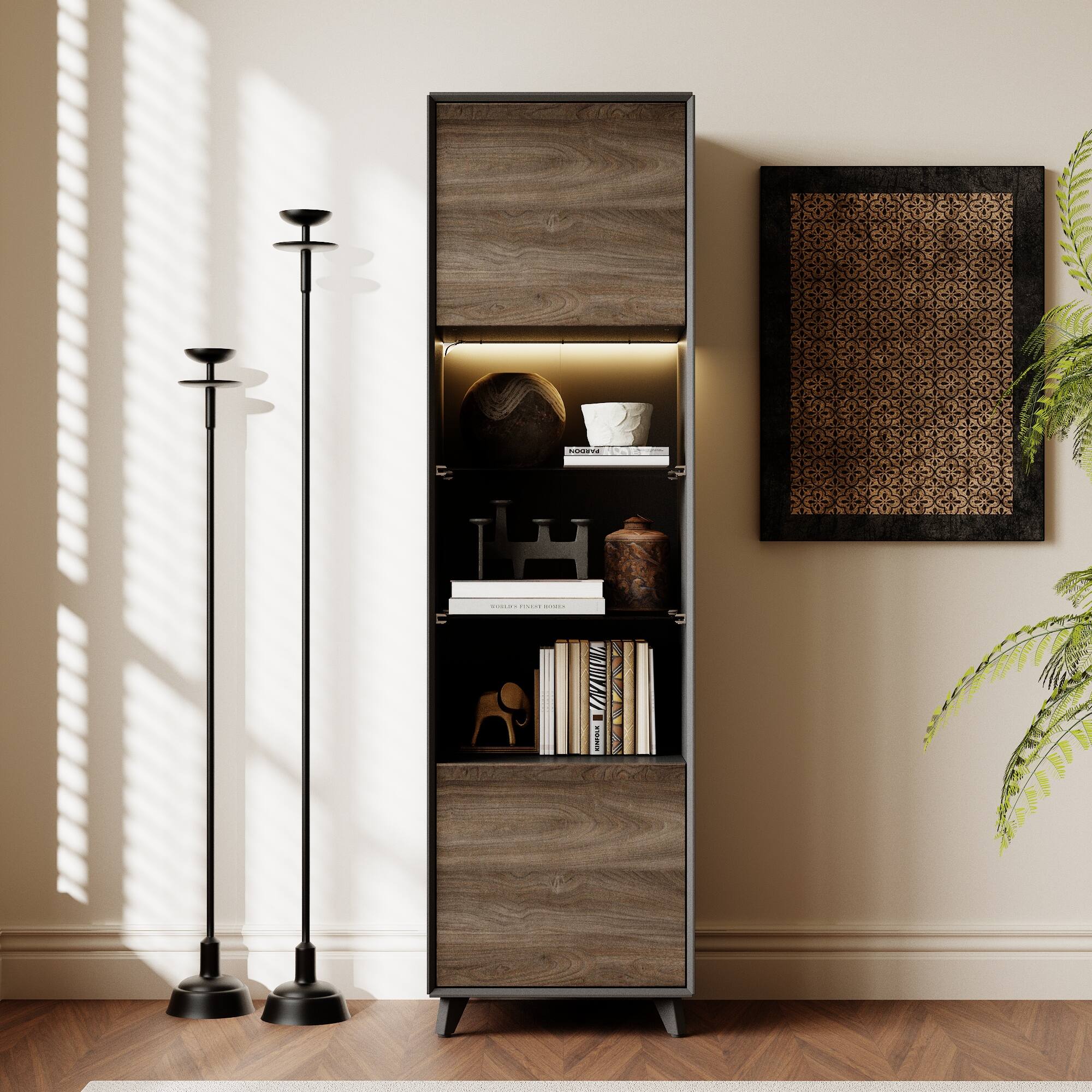 Left. Famapy - Modern Glass Shelf Bookcase with 3-Color LED Lighting, Tempered Glass Shelves, and Multi-Layer Storage - Black & Gray.