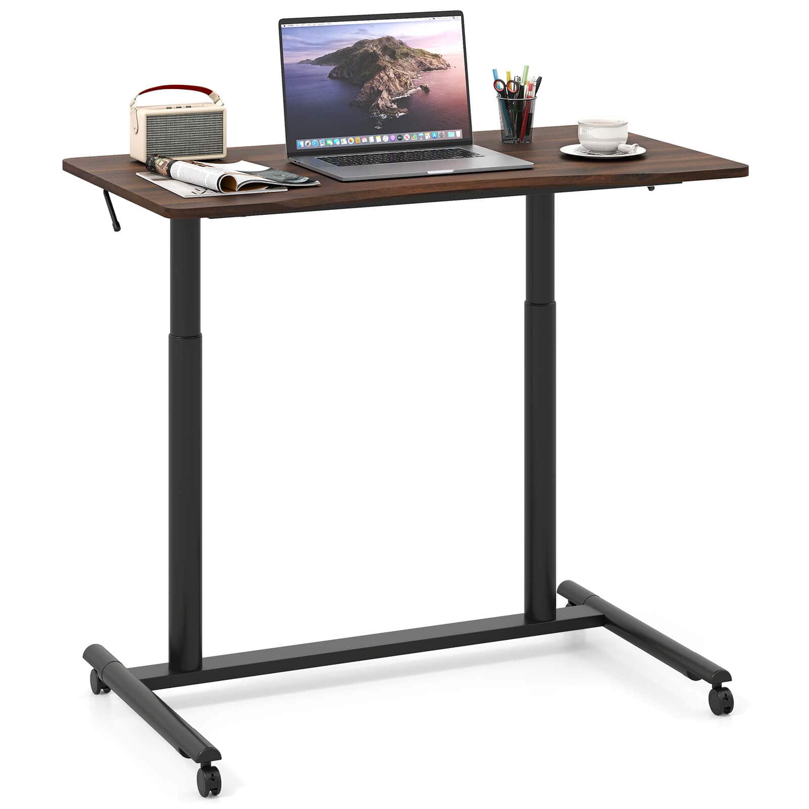 Costway - Mobile Standing Desk with Lockable Wheels & Aluminum Frame Rolling Laptop Desk - Brown