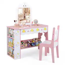 Costway - Kids Vanity Set, Princess Girls Makeup Table with Mirror and Chair - Pink & White