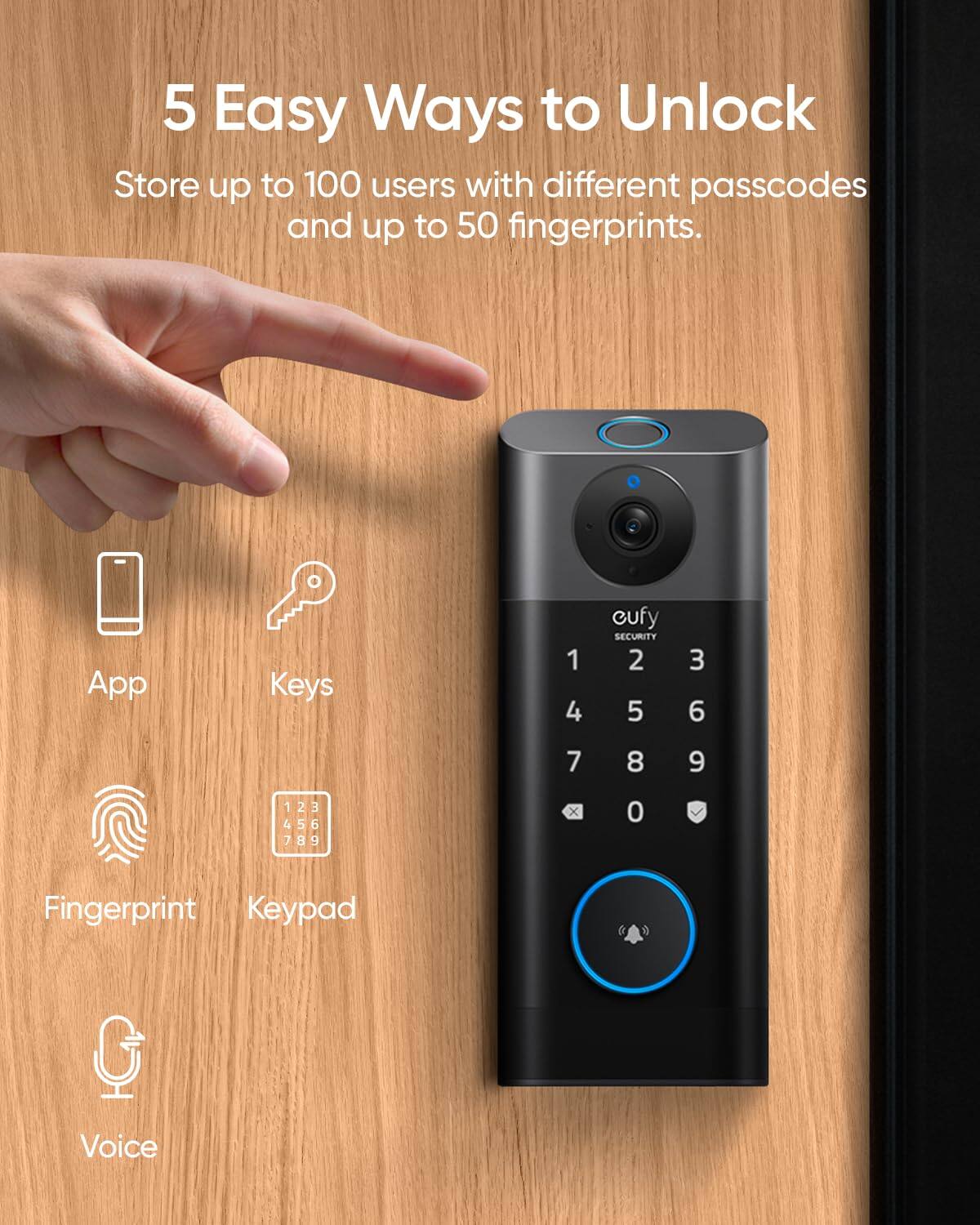 5 Easy Ways to Unlock

Store up to 100 users with different passcodes and up to 50 fingerprints.

- App
- Keys
- Fingerprint
- Keypad
- Voice