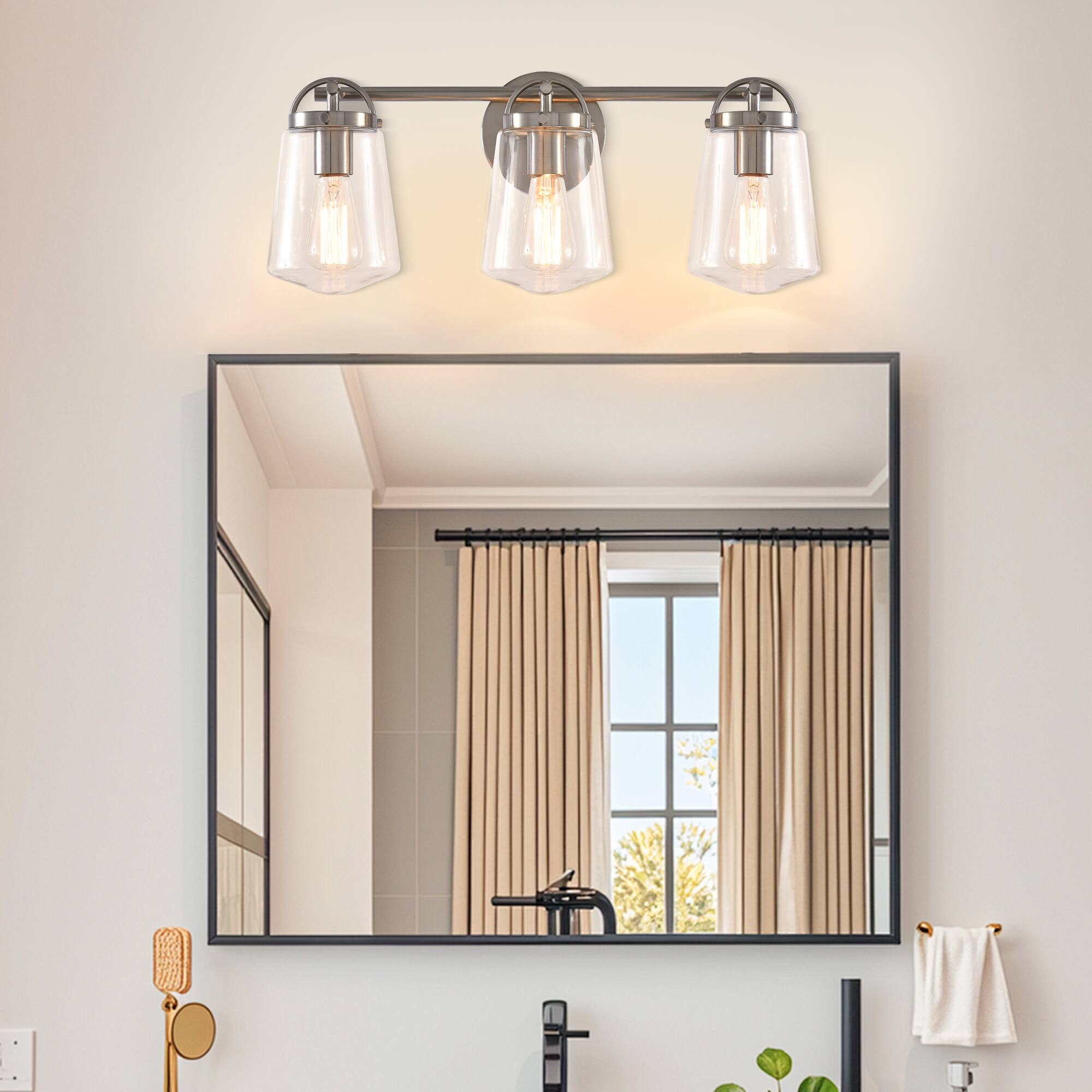 Angle. Parrot Uncle - Modern Brushed Nickel 3-Light Glass Dimmable Bathroom Vanity Light Fixture - Brushed Nickel.