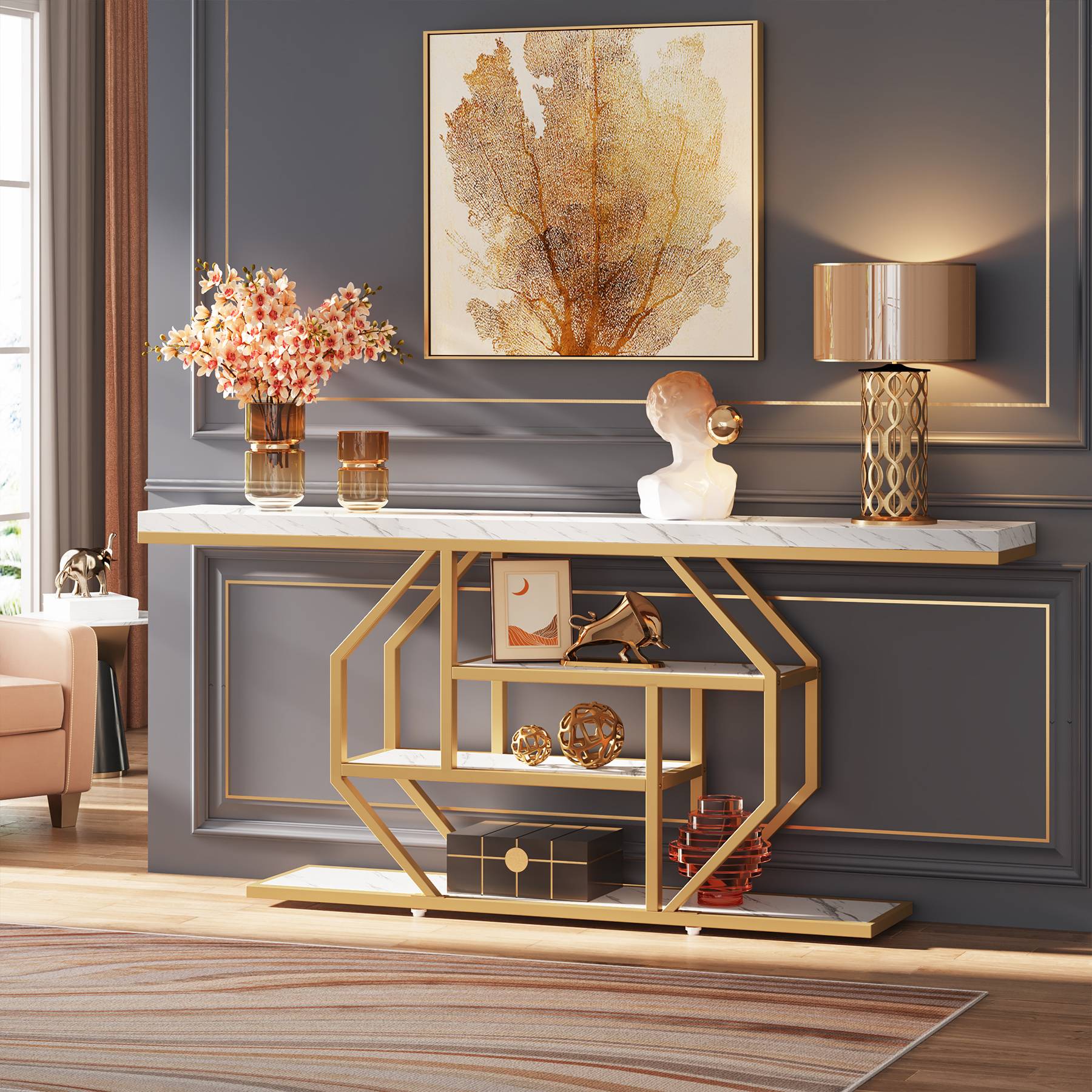 Alt View 1. Tribesigns - Console Table with Engineered Wood Construction, Storage Shelves and Adjustable Feet for Hallway - White.