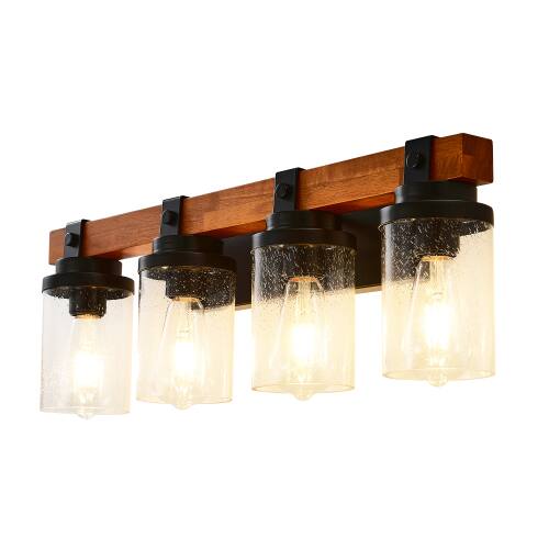 Alt View 3. LUCKY ONE - 4-Light Matte Black Wood Wall Lamp, Glass Shade Sconce for Bathroom or Bedroom Wall Mount - Matte Black,Wood.