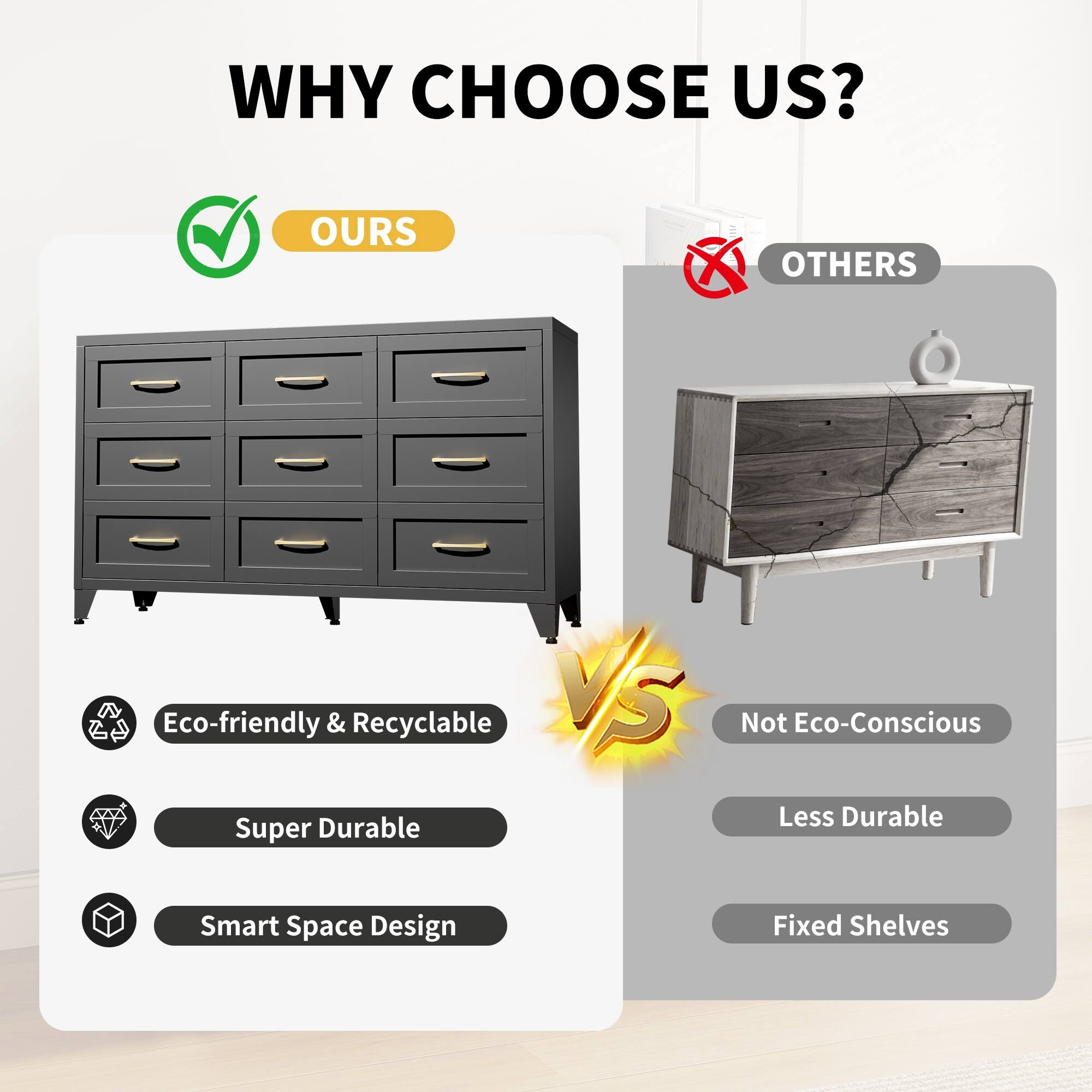 WHY CHOOSE US?

OURS vs OTHERS

- Eco-friendly & Recyclable
- Super Durable
- Smart Space Design

- Not Eco-Conscious
- Less Durable
- Fixed Shelves