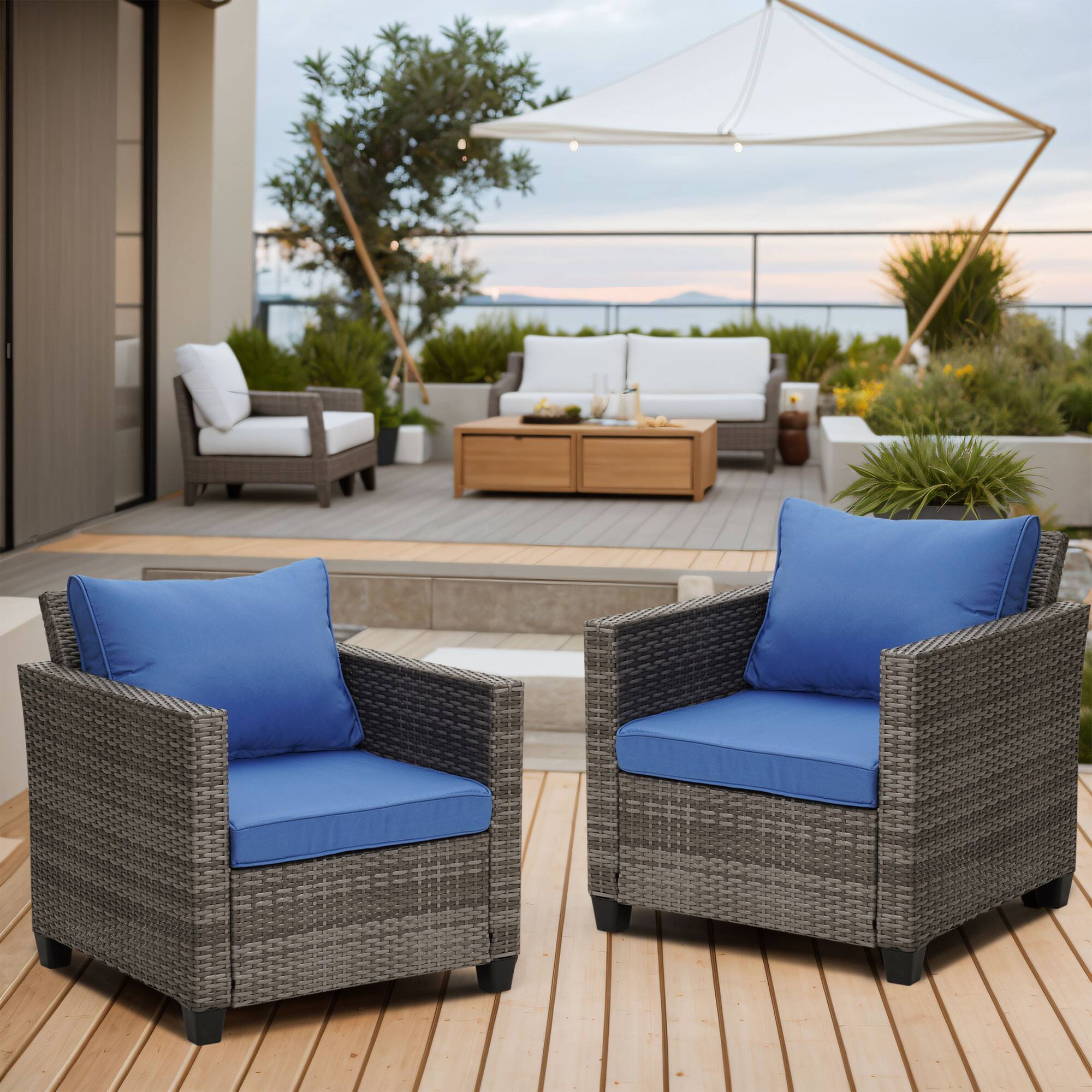 Left. Ainfox - Ainfox 2 pcs Patio Sofa, Single Chair,Patio Furniture - Navy Blue.
