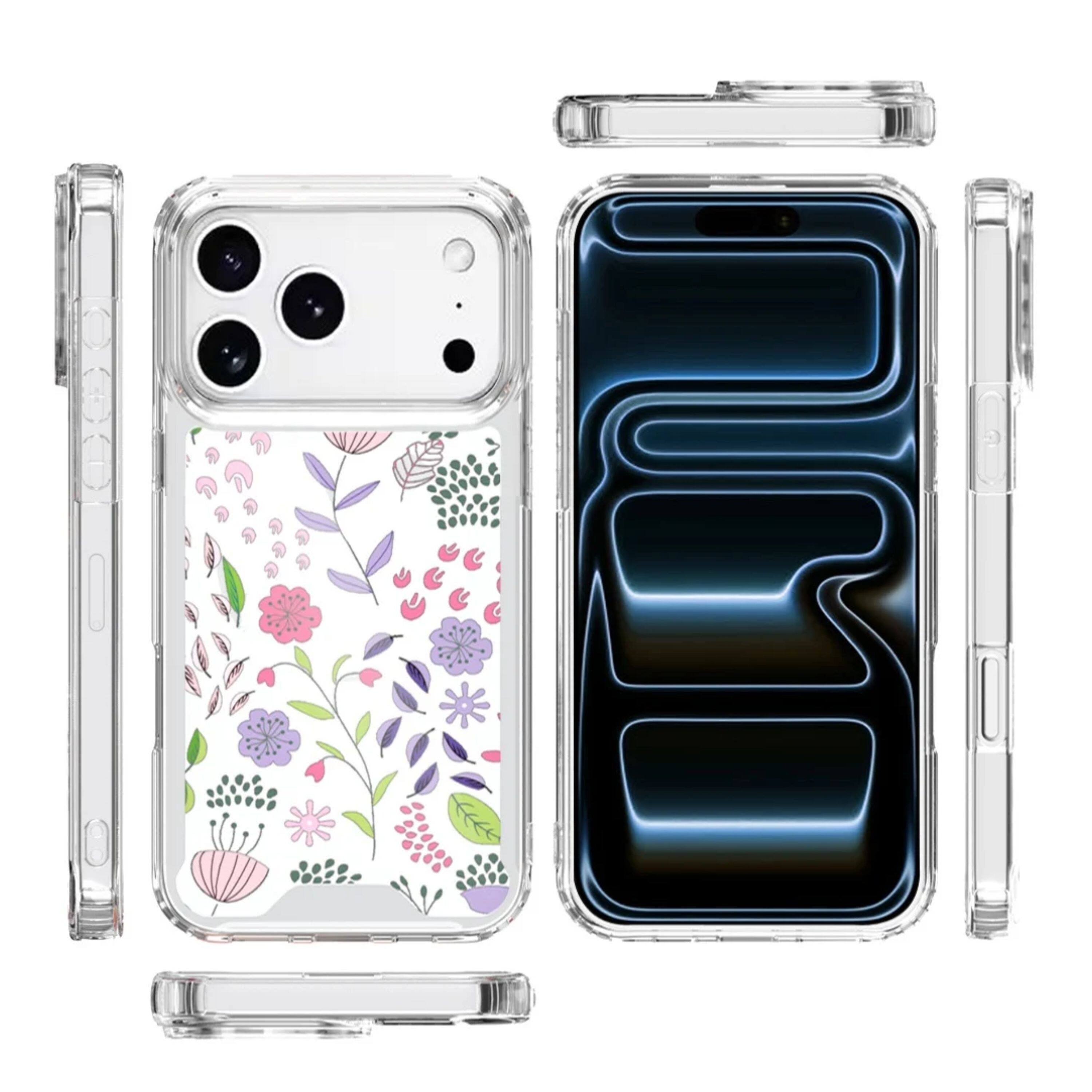 Angle. Kitcheniva - Purple And Green Wildflowers Design Clear TPU Phone Case With Tempered Glass For iPhone 17 Pro Max - Multicolor.