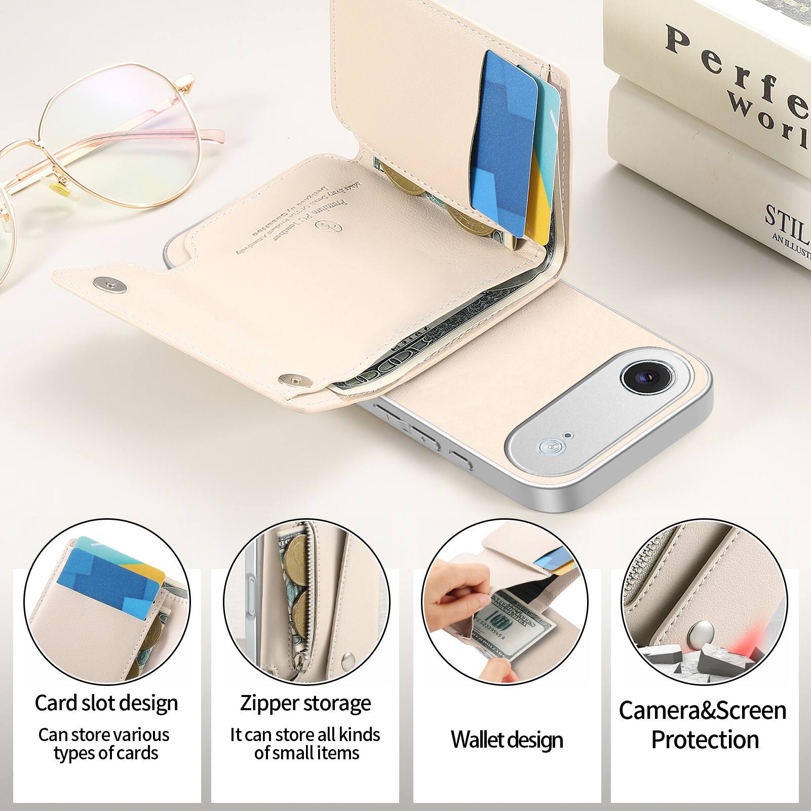 EL
andres bean Premium Casatioo Lid Ametively leather
Perfect World STIL AN ILLUST
00
Card slot design Zipper storage Camera&Screen Can store various It can store all kinds Wallet design Protection types of cards of small items