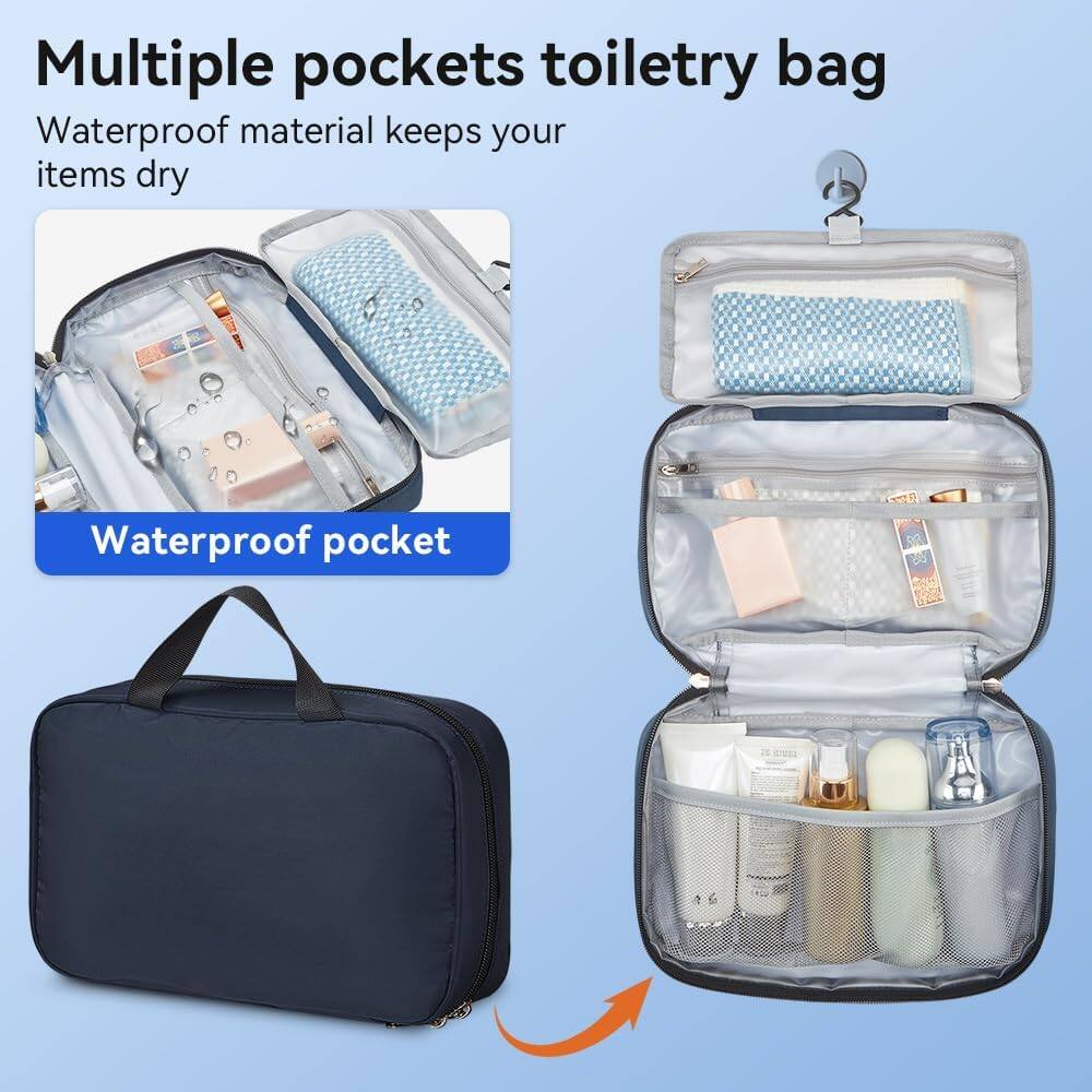 Multiple pockets toiletry bag  
Waterproof material keeps your items dry  
Waterproof pocket
