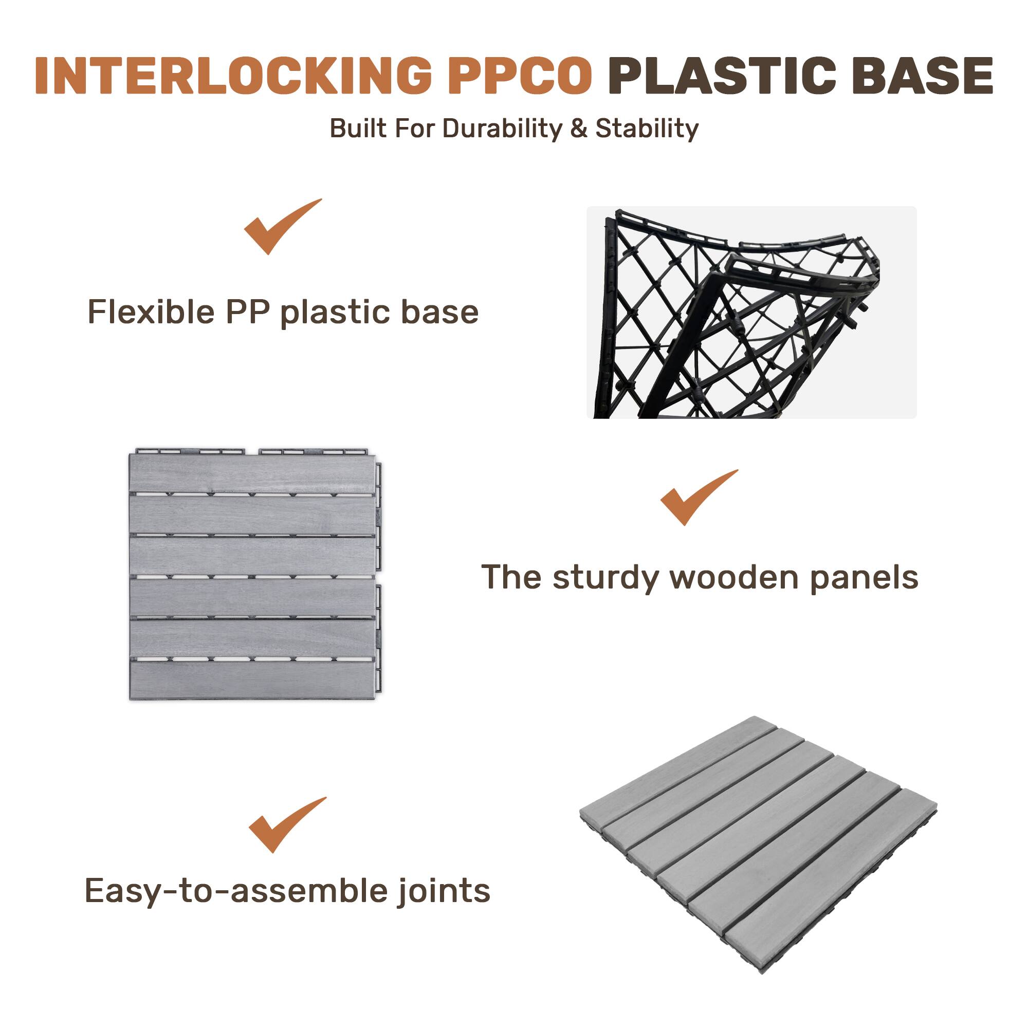 INTERLOCKING PP CO PLASTIC BASE  
Built For Durability & Stability  

- Flexible PP plastic base  
- The sturdy wooden panels  
- Easy-to-assemble joints