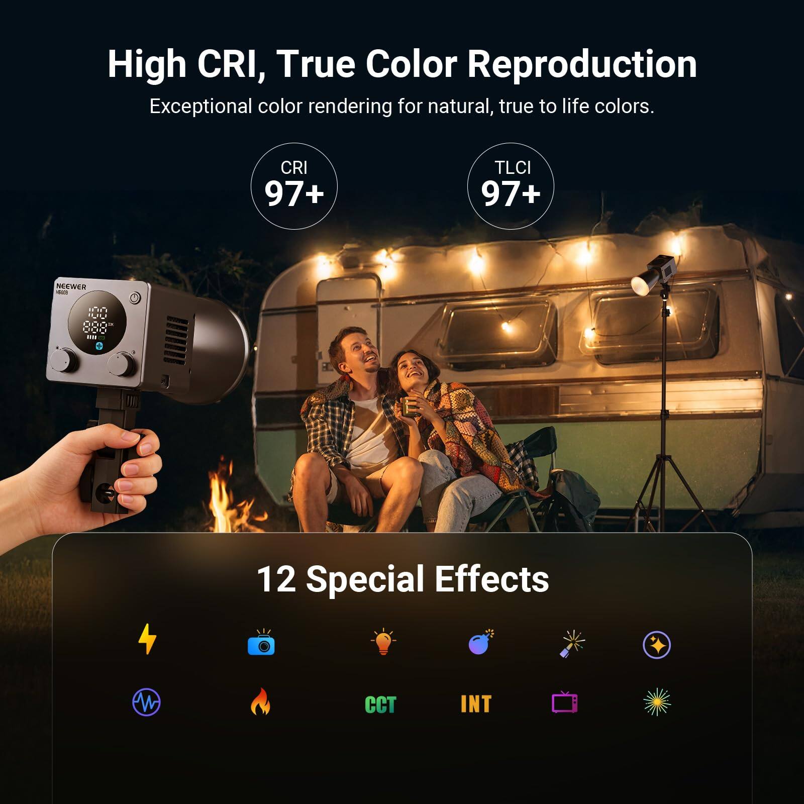 High CRI, True Color Reproduction  
Exceptional color rendering for natural, true to life colors.  
CRI 97+  
TLCI 97+  

12 Special Effects  
CCT  
INT