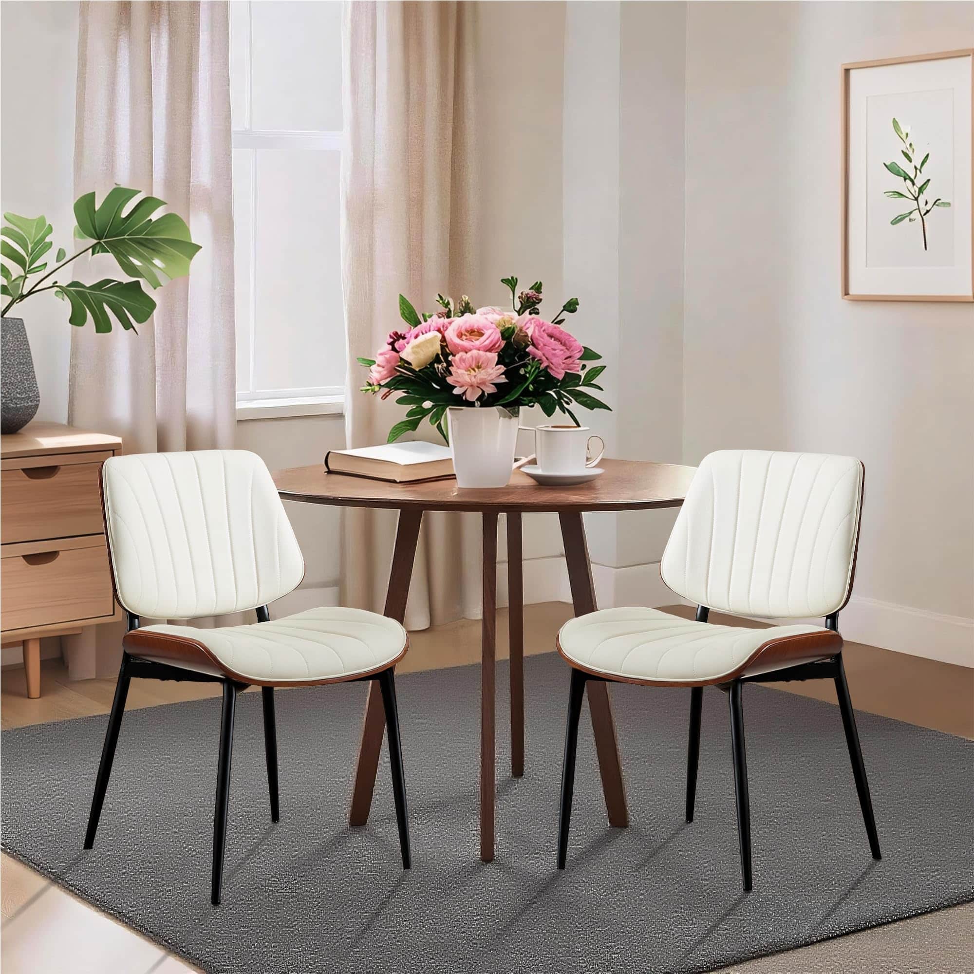 Acekool - Dining Chairs Set of 2, Mid-Century Modern Dining Room Chairs with Walnut Bentwood Back and Shell Strips - White