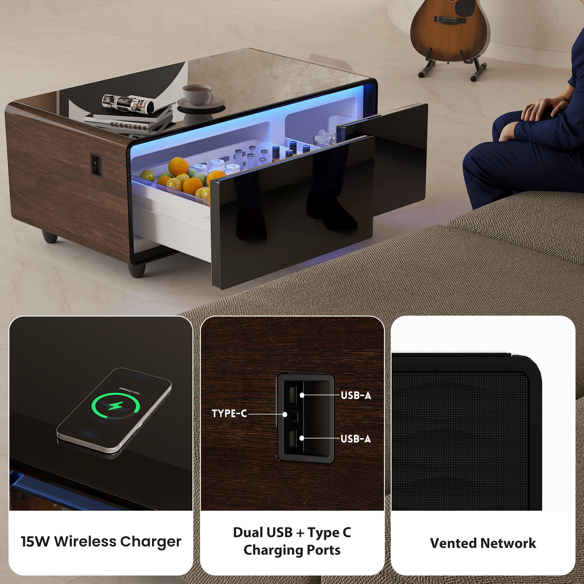 The text on the image is grouped and corrected as follows:

| CCCGC - USB-A TYPE-C USB-A 15W Wireless Charger Dual USB + Type-C Charging Ports Vented Network

This text describes a product that features a wireless charger with dual USB and Type-C charging ports, providing a convenient and efficient charging solution for various devices. The charger also has a vented network, which helps to dissipate heat and maintain optimal performance.