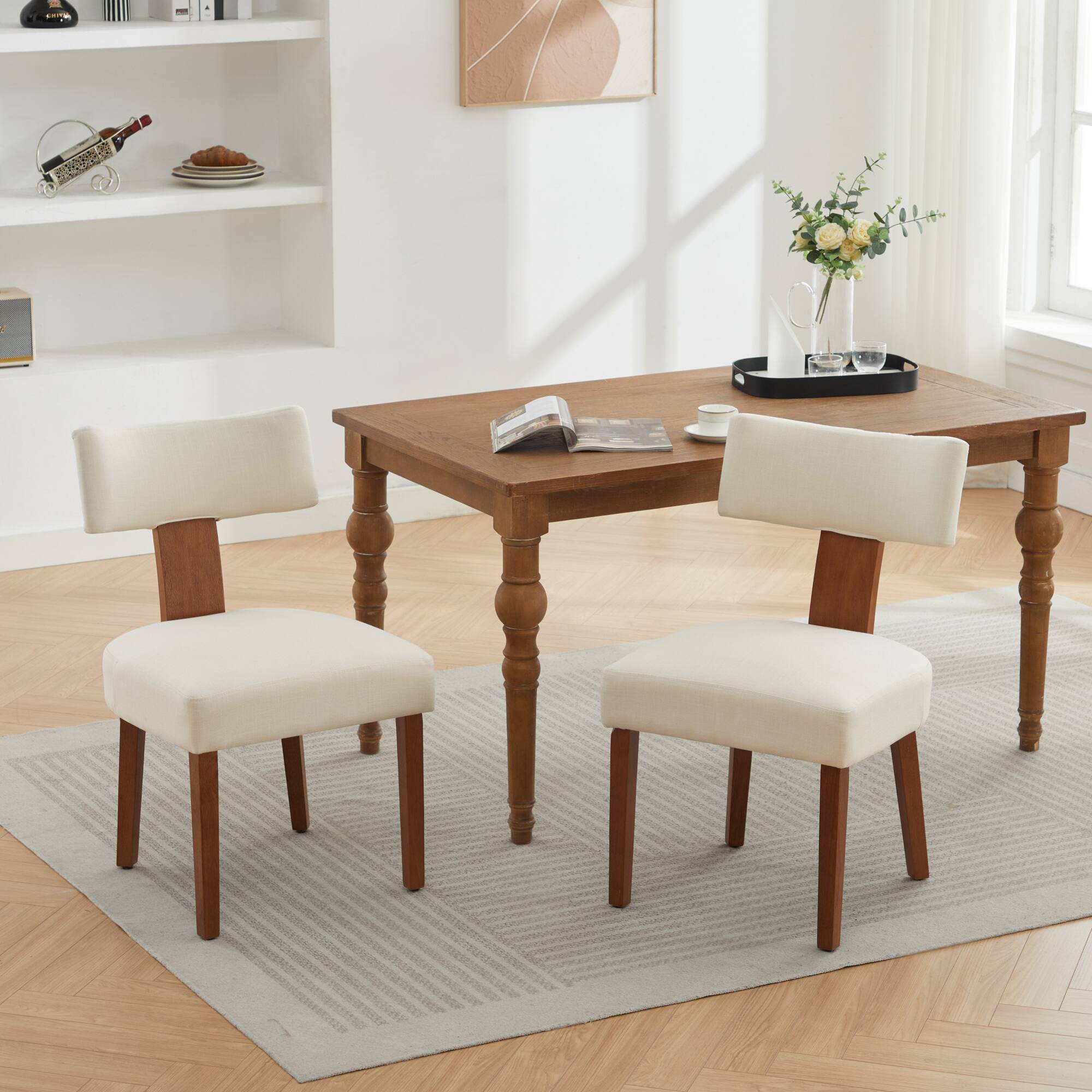 Alt View 5. GOODSILO - Set of 2 Modern Armless Dining Chairs with Curved Backrest and Solid Wooden Legs for Dining and Living Room - Beige.