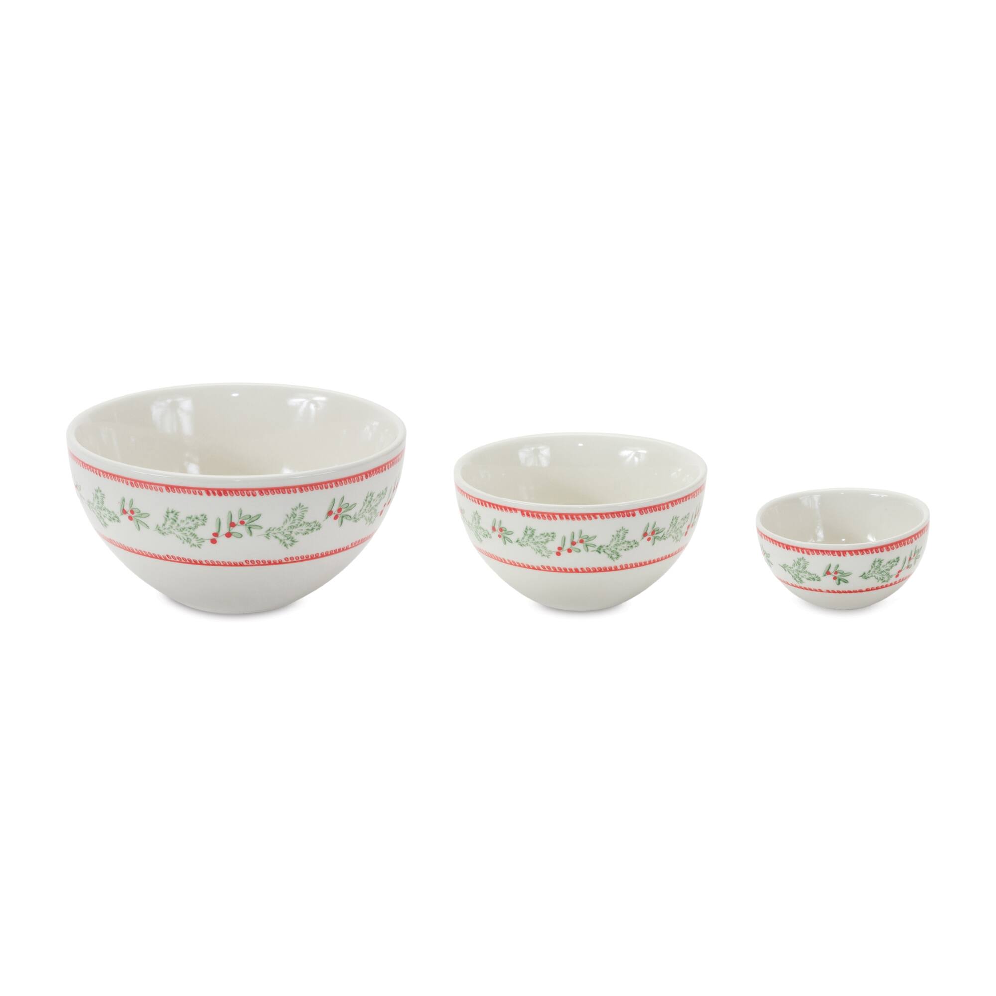 Angle. BreeBe - Stoneware Mistletoe Bowl (Set of 3) - White.