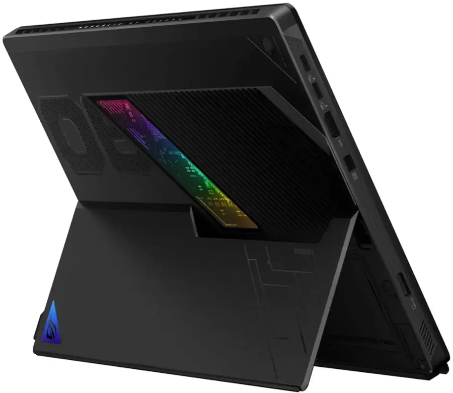 The image features a laptop computer with a colorful rainbow on the back. The laptop is open and sitting on a white background, showcasing its unique design. The laptop is equipped with a battery pack, which is essential for powering the device. The colorful rainbow on the back adds a vibrant touch to the laptop's overall appearance.