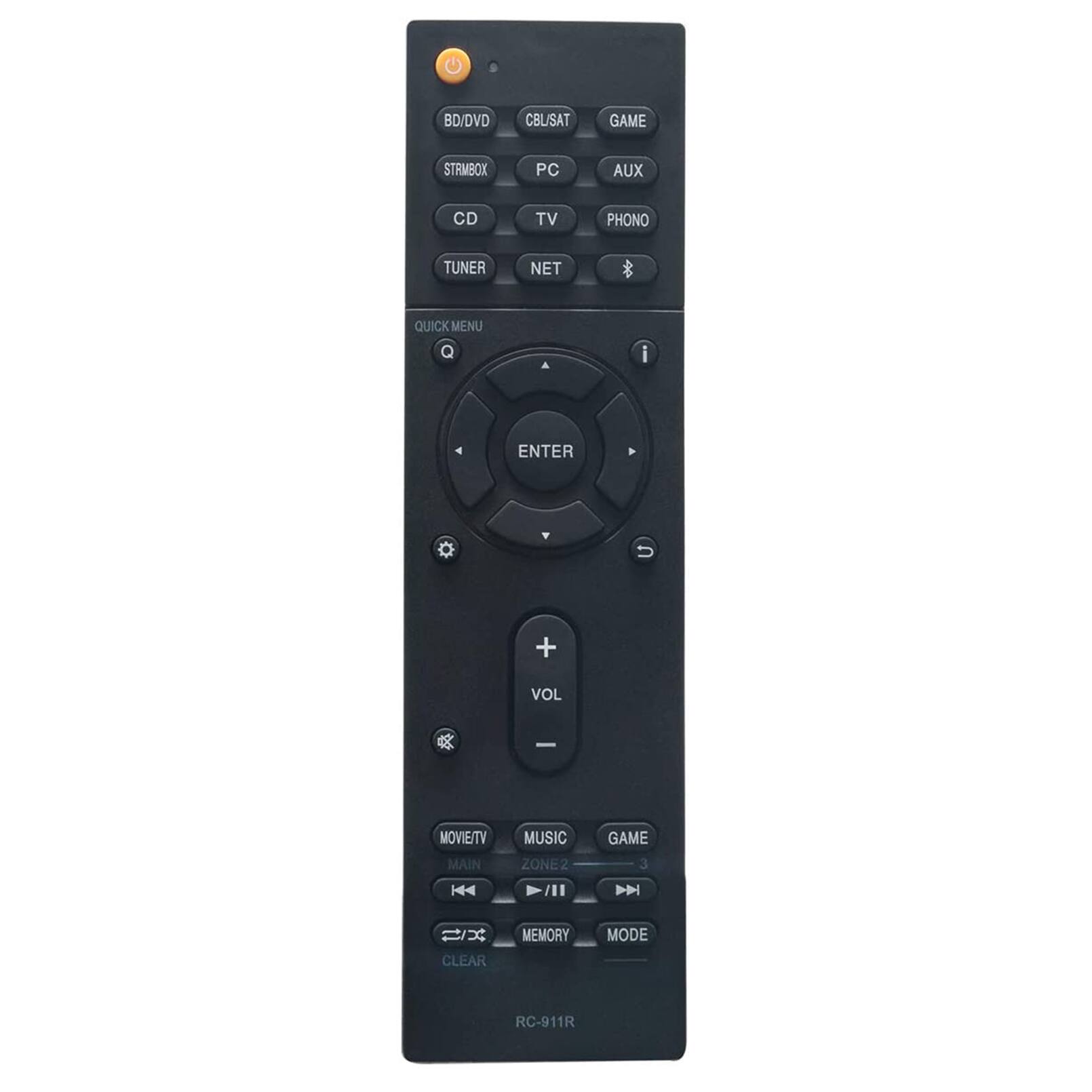 BD/DVD  
CBL/SAT  
GAME  
STRMBOX  
PC  
AUX  
CD  
TV  
PHONO  
TUNER  
NET  
QUICK MENU  
ENTER  
VOL  
MOVIE/TV MAIN  
MUSIC ZONE  
GAME 3  
CLEAR  
MEMORY  
MODE  
RC-911R