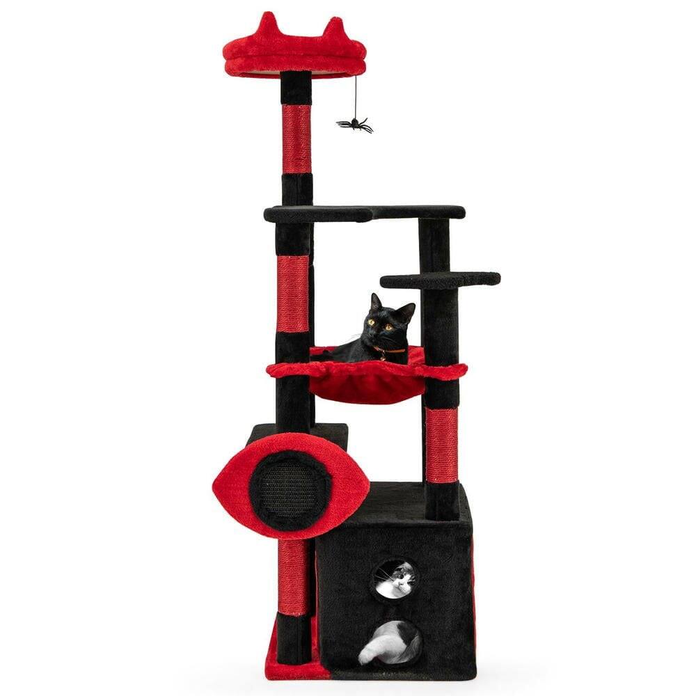 Alt View 2. Kadyn - Gothic Style Cat Tree with Plush Perch and Spider Toy, Black & Red - Black.