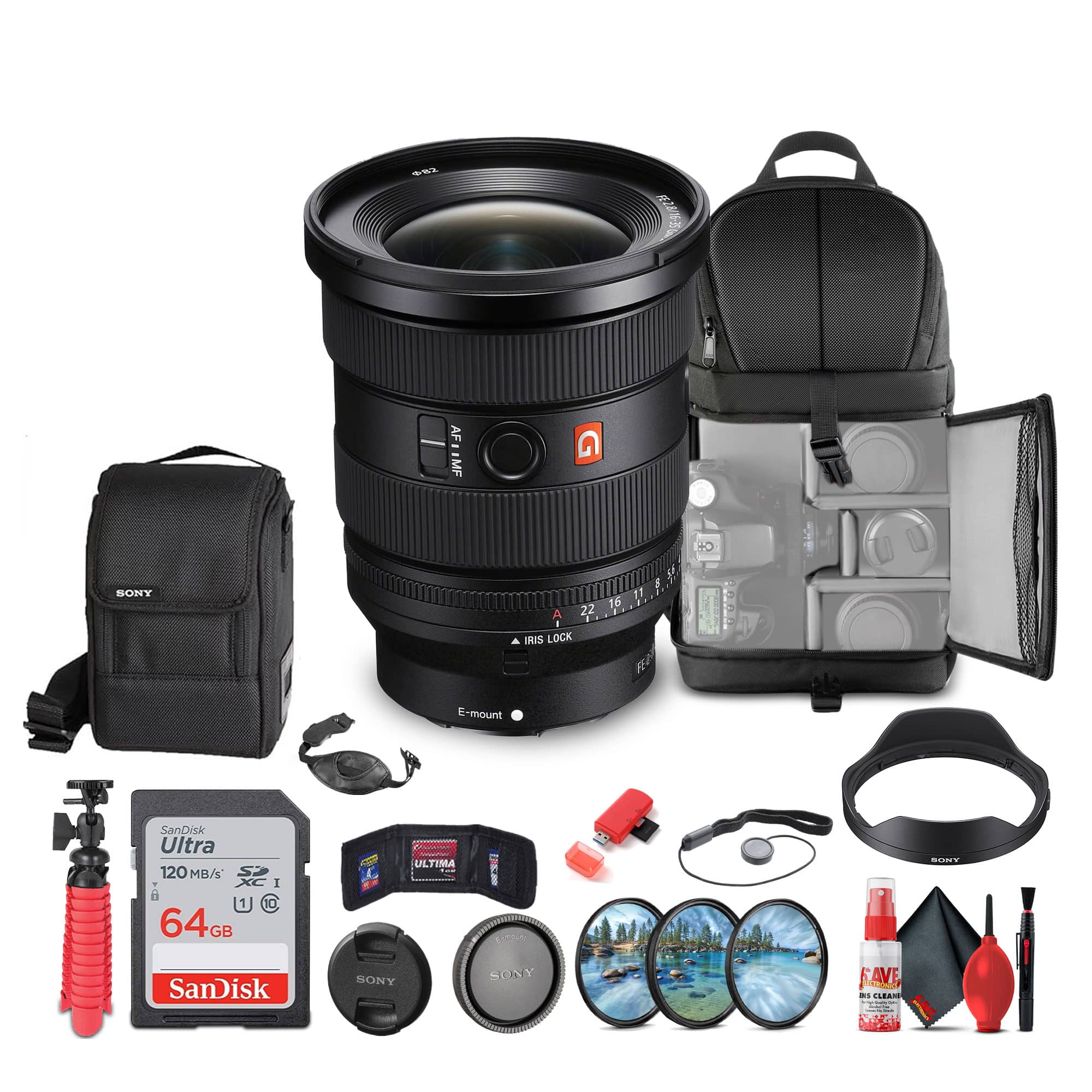 Sony - FE 16-35mm f/2.8 GM II Lens Bundle + 64GB Memory Card + Backpack + Tripod + Filter Kit + Accessories Kit - Black